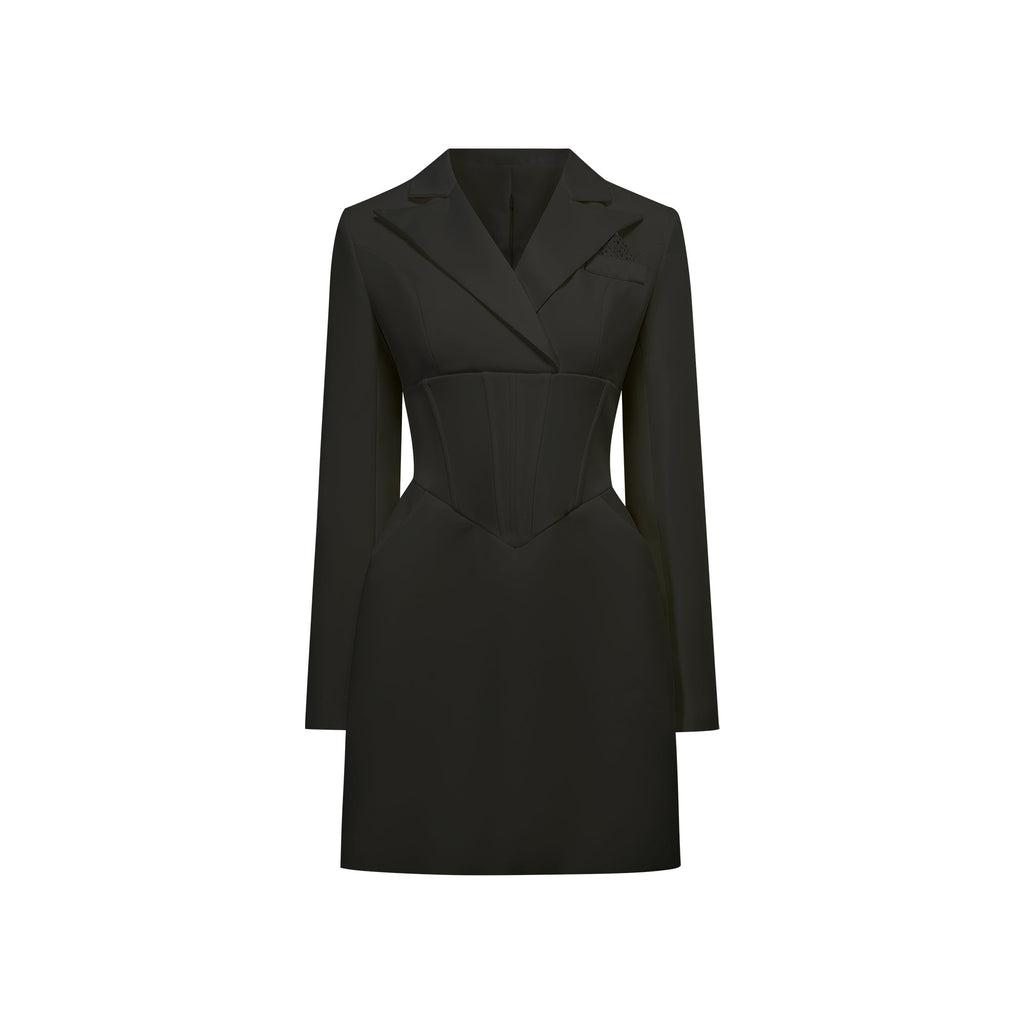 Vestido mini blazer negro con corsé Inmaculada de la marca Final Sale, con estructura ajustada y detalles elegantes.