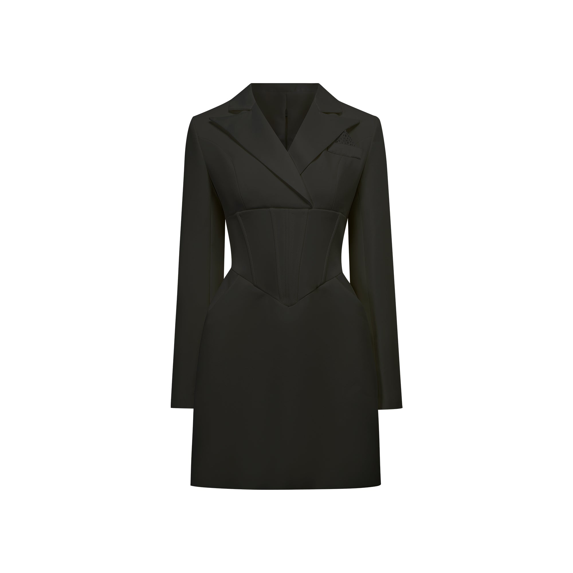 Vestido mini blazer negro con corsé Inmaculada de la marca Final Sale, con estructura ajustada y detalles elegantes.