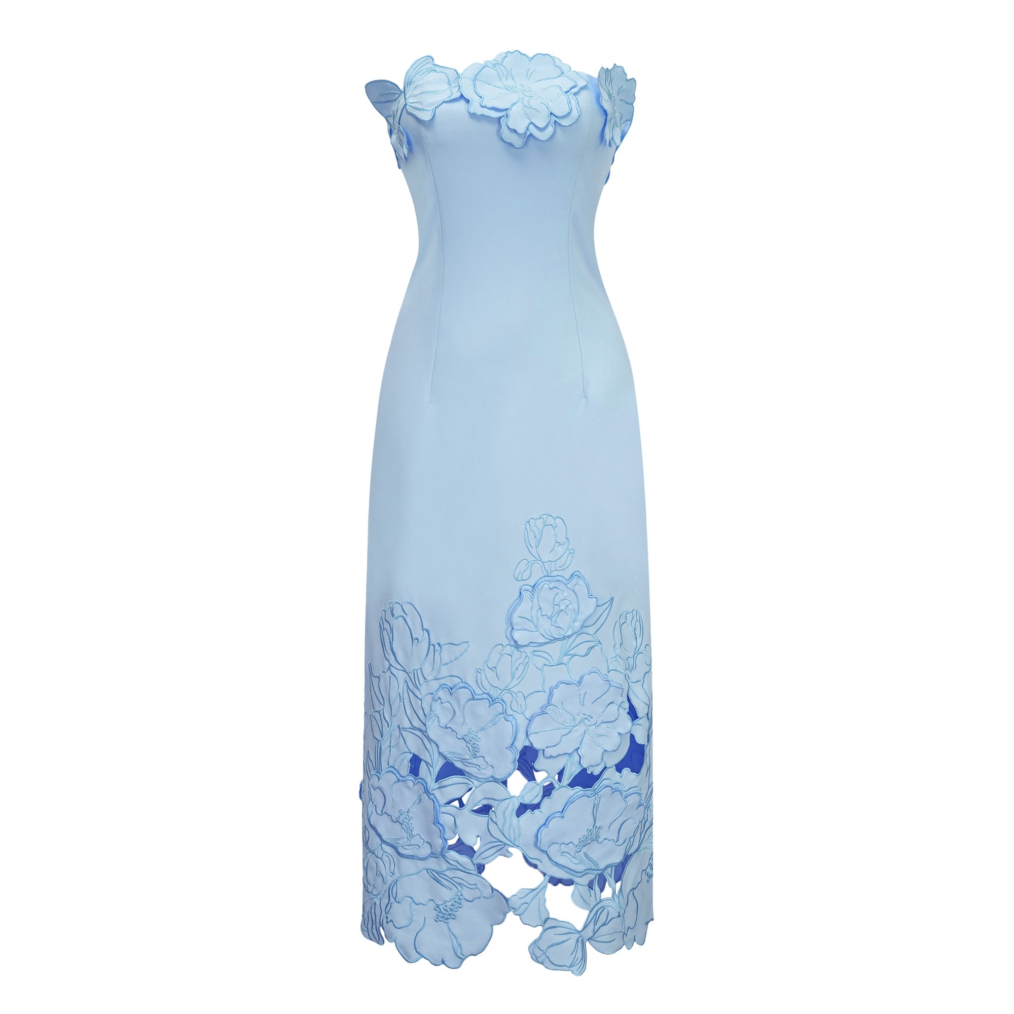 Vestido largo de novia sin tirantes Inga azul con bordados florales y diseño maxi, mostrado en la imagen.