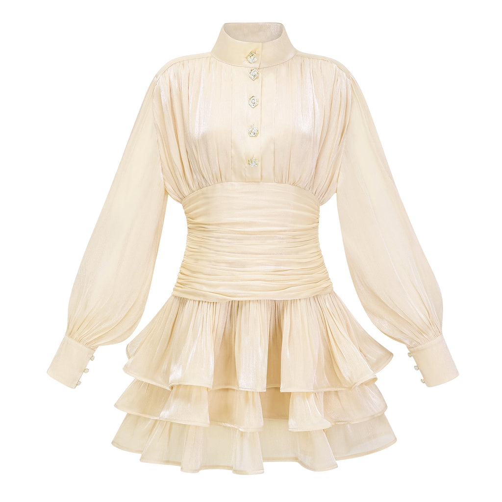 Vestido mini de novia Emersyn Neutrals, con cuello alto y detalles de volantes en tonos neutros, muestra la prenda en la imagen.