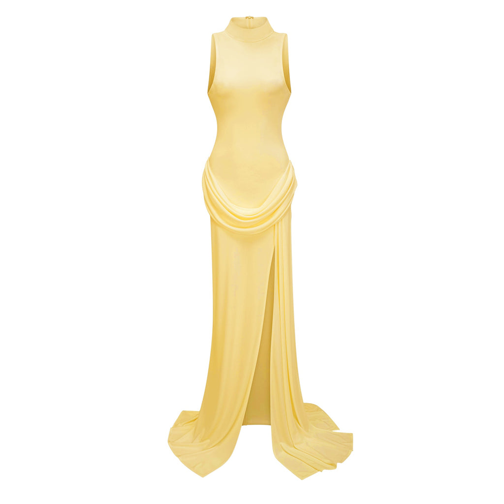 Mystérieuse Yellow Turtleneck Draped Maxi Dress (Final Sale-US Only)