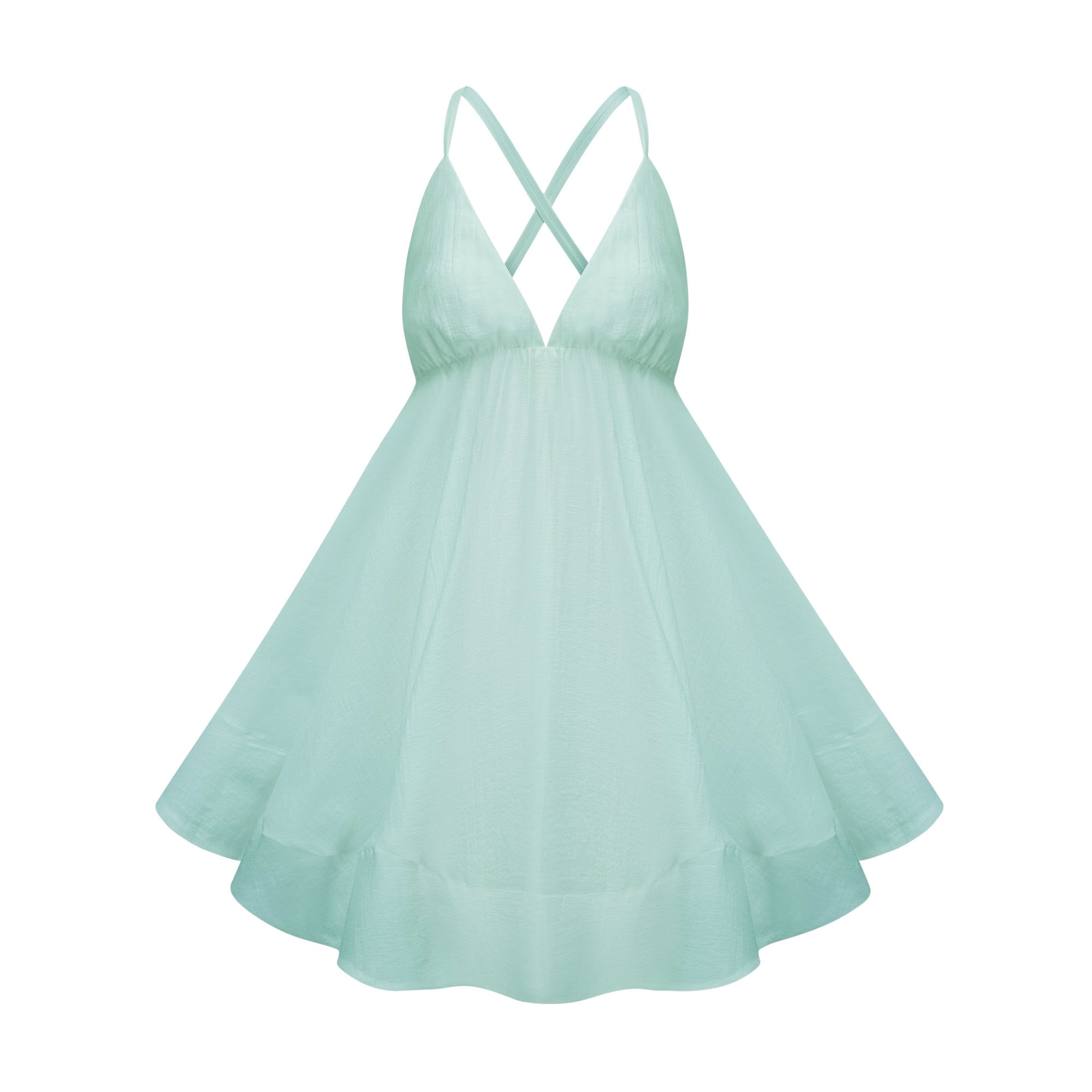 Vestido mini con fruncido y volantes en color verde Quincie de la marca Final Sale, con detalles elegantes en la imagen.