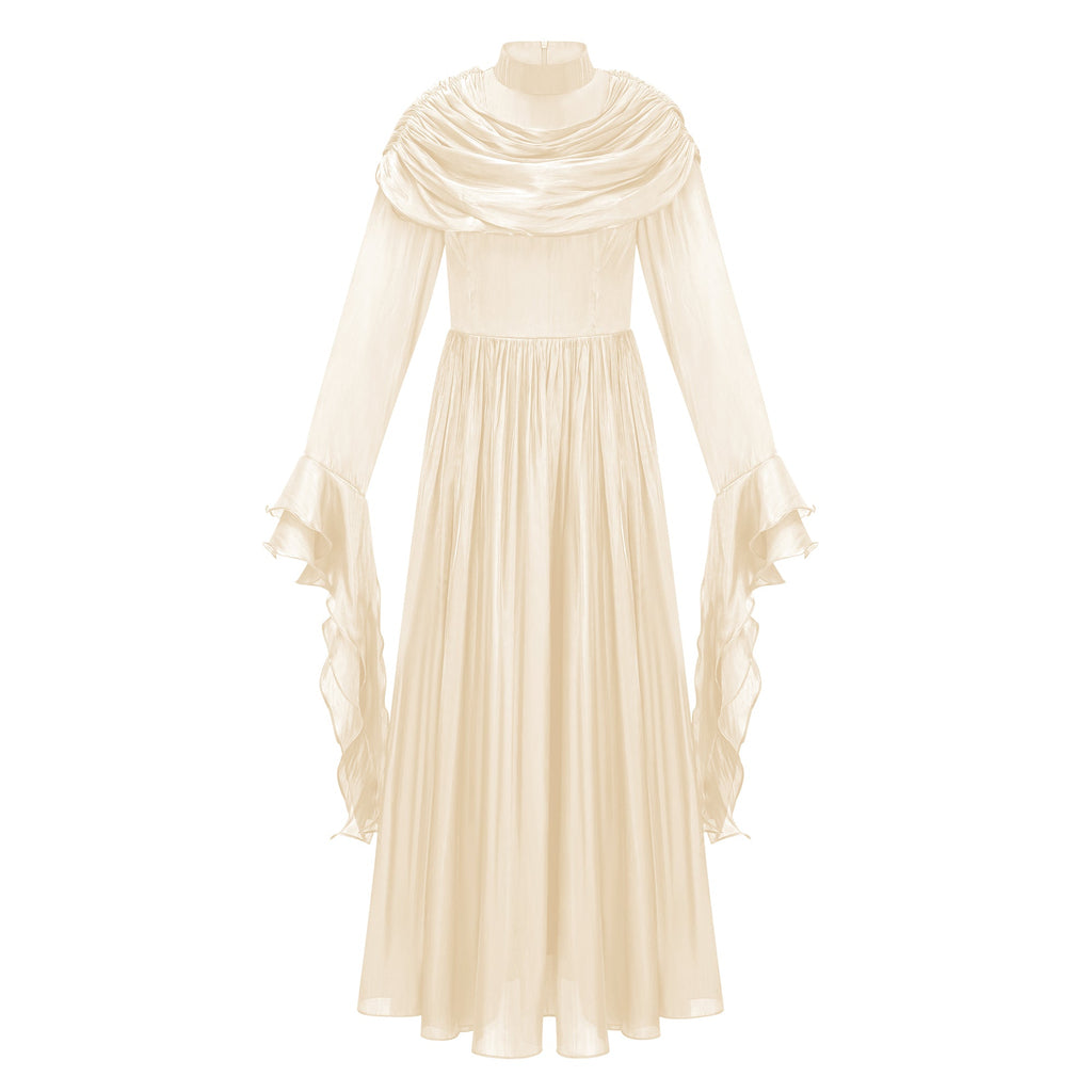 Vestido largo Danuta Neutral Ruched Pleated Maxi Dress en color neutro, con plisados y diseño ajustado.