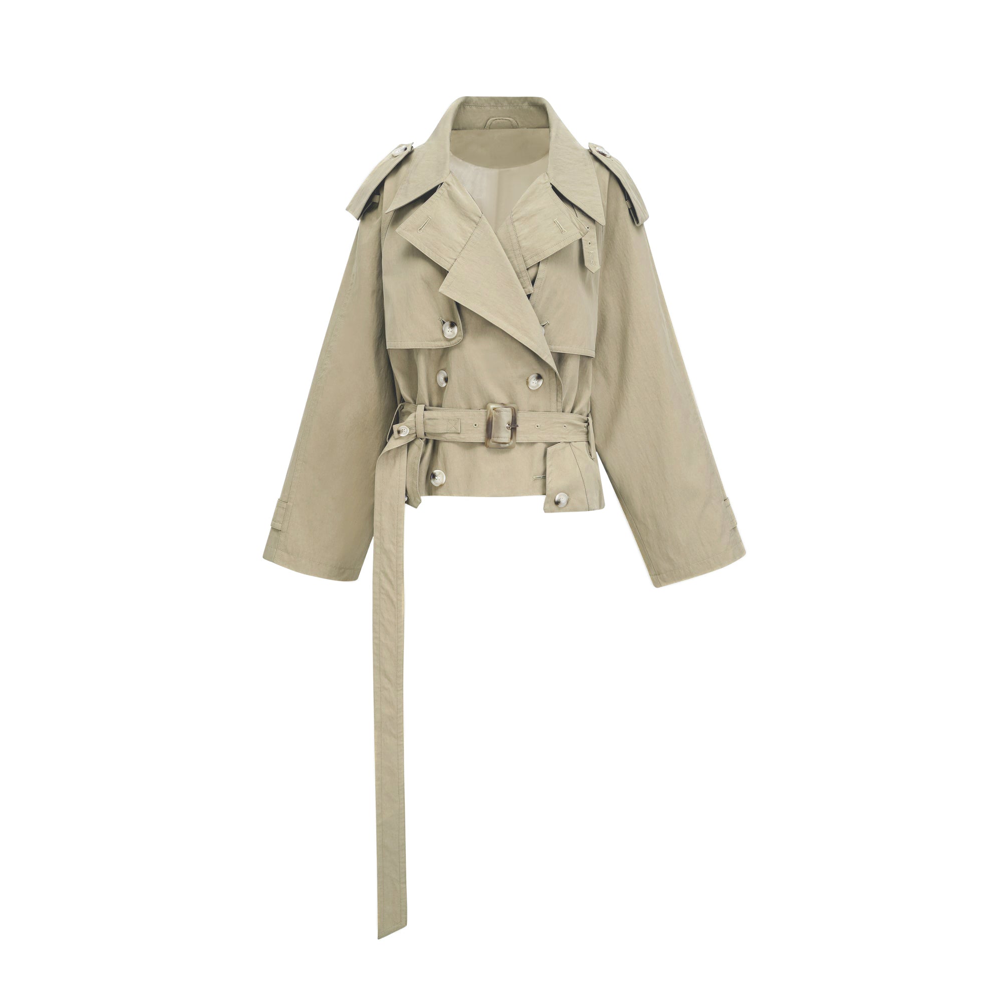 Abrigo trench de cintura con cinturón de la marca Bridal, en color neutro, mostrado en una modelo con estilo elegante y clásico.