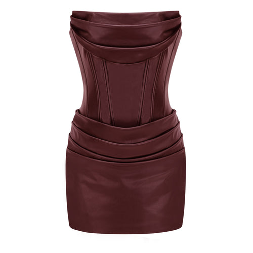 Vestido bodycon mini de cuero con drapeado Agnes Brown, ajuste ceñido y estilo elegante en color marrón oscuro.