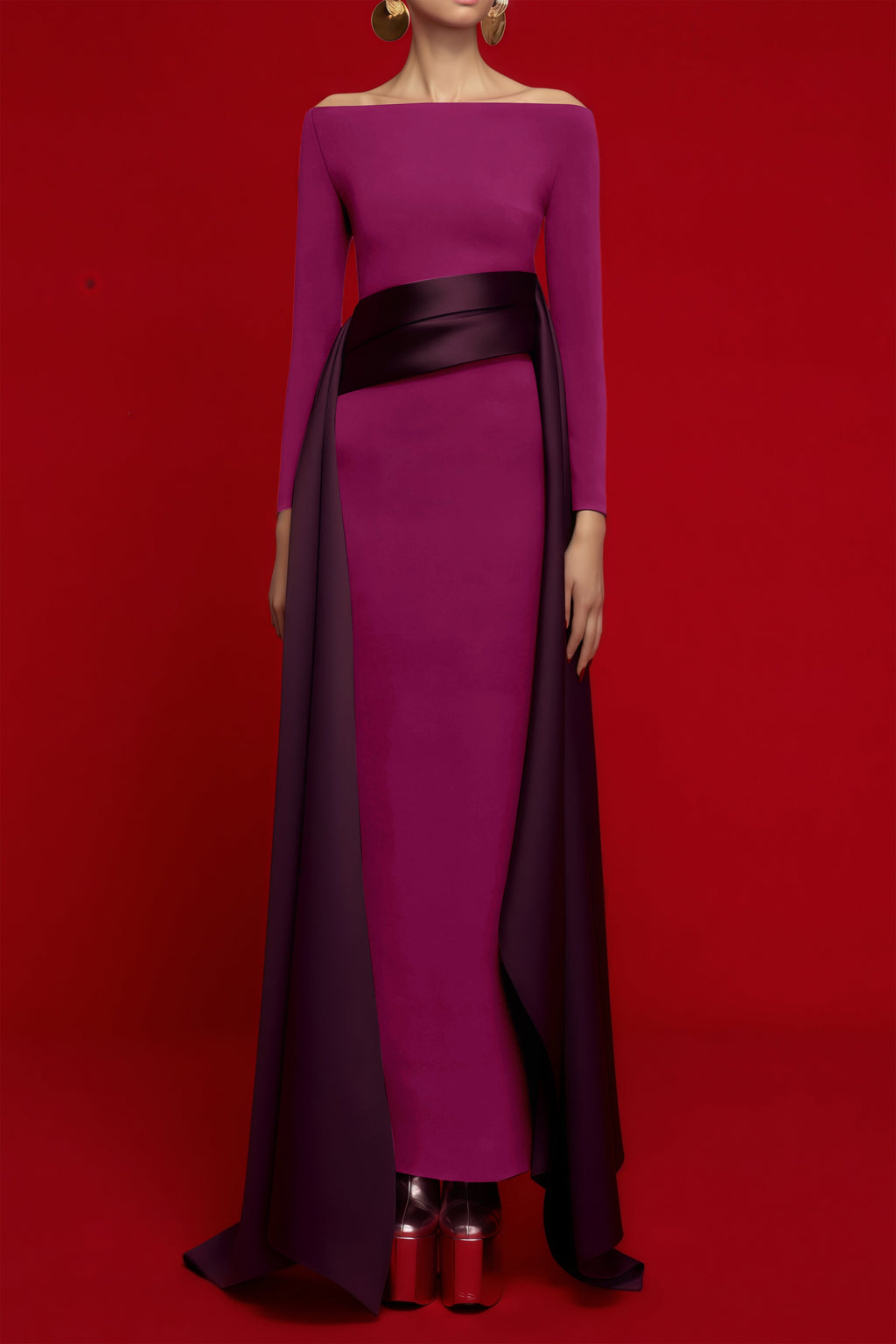 Vestido maxi Ginevra Magenta con drapeado y panel de manchas de la marca Final Sale, vista frontal en color magenta.