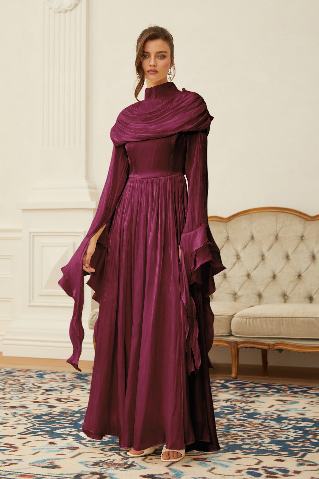 Danuta Burgundy Ruched Pleated Maxi Dress (Final Sale-US Only)