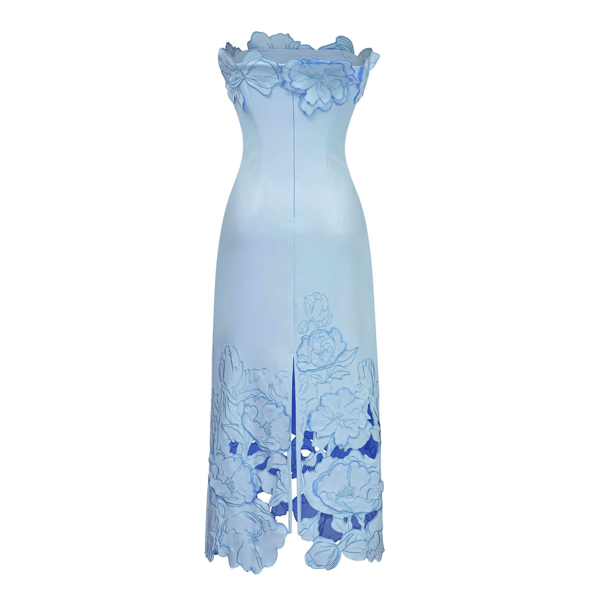 Vestido largo azul sin tirantes de encaje floral de la marca Bridal, con detalles bordados y estilo maxi para ocasiones especiales.