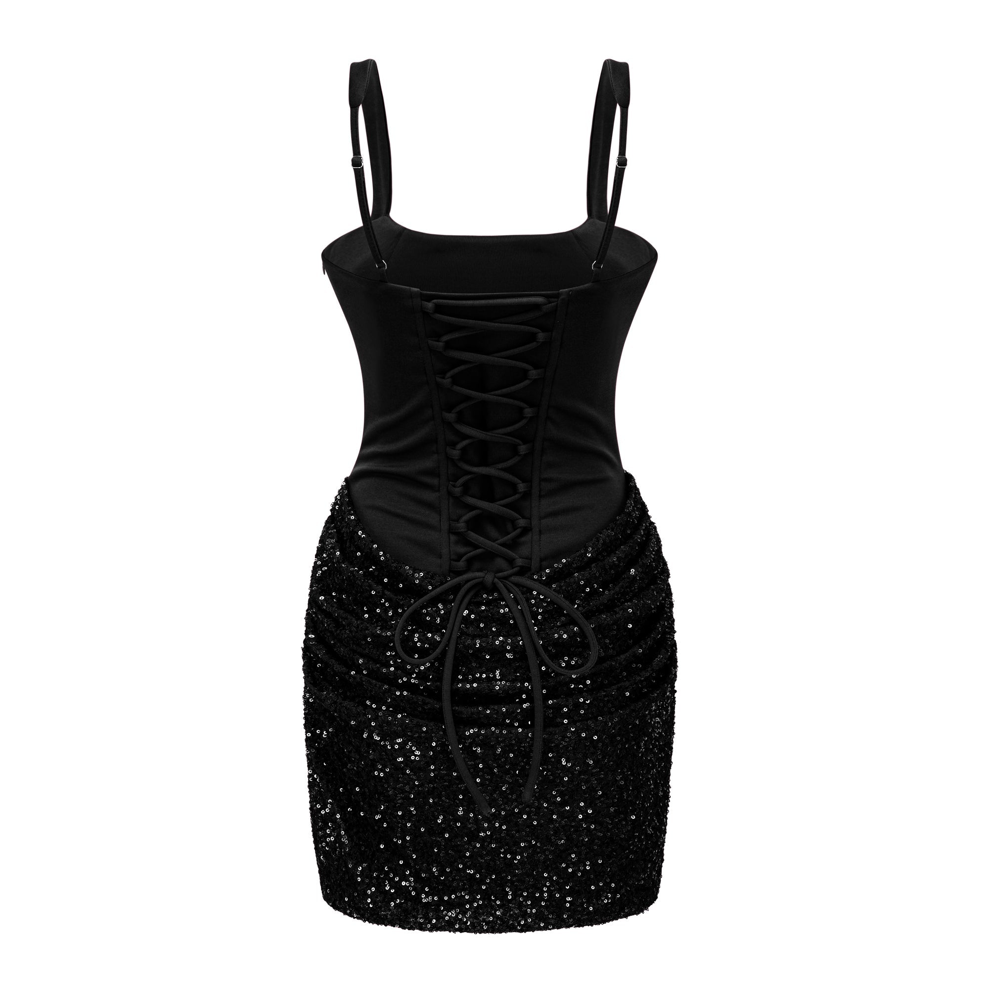 Vestido mini ajustado negro de novia con detalles adornados y fruncido, diseñado por Bridal.
