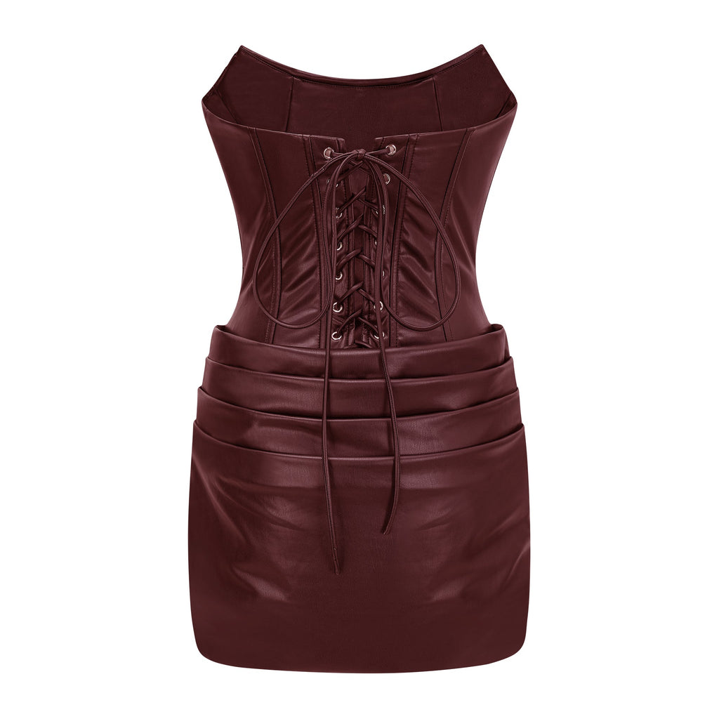 Vestido mini ajustado de cuero Agnes Brown, con fruncido en el cuerpo, estilo bodycon para mujer, en color negro.