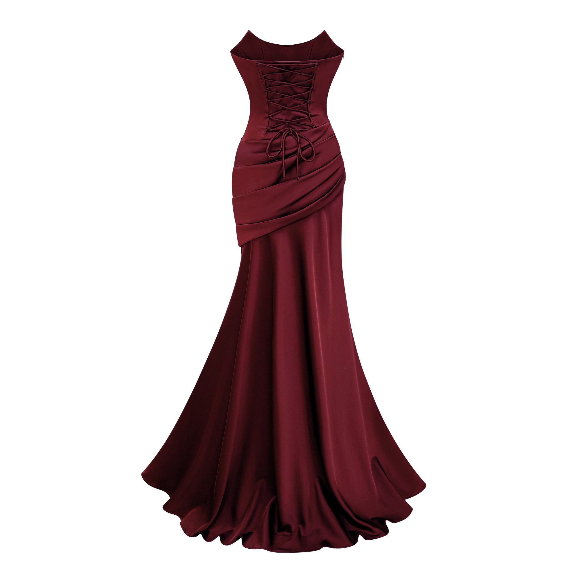 Vestido largo de satén burdeos Marilou con fruncido, estilo maxi, para ocasiones elegantes, en color burdeos con detalles de satén.