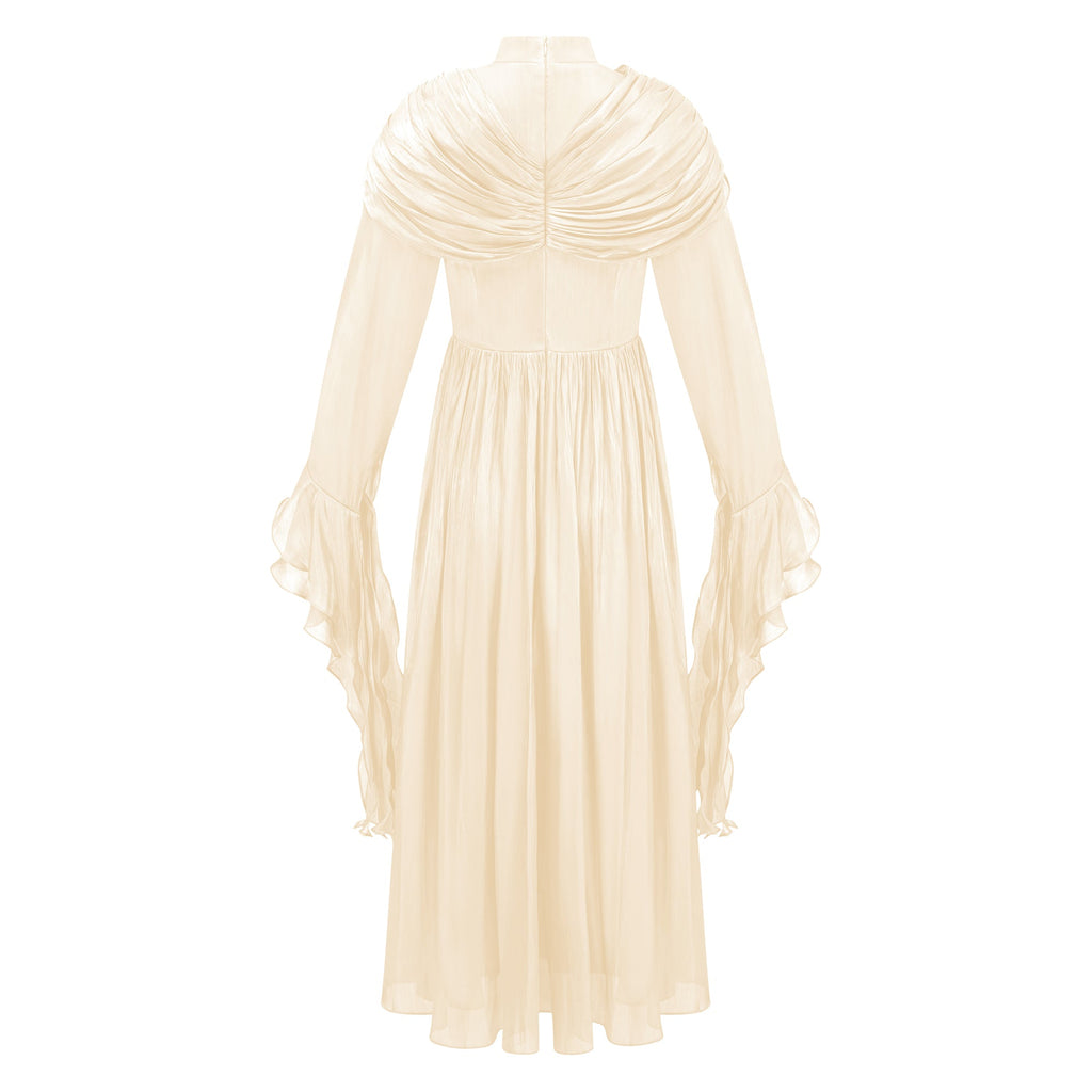 Vestido largo maxi Danuta Neutral con fruncido y pliegues, estilo elegante y fluido, en tono neutro.