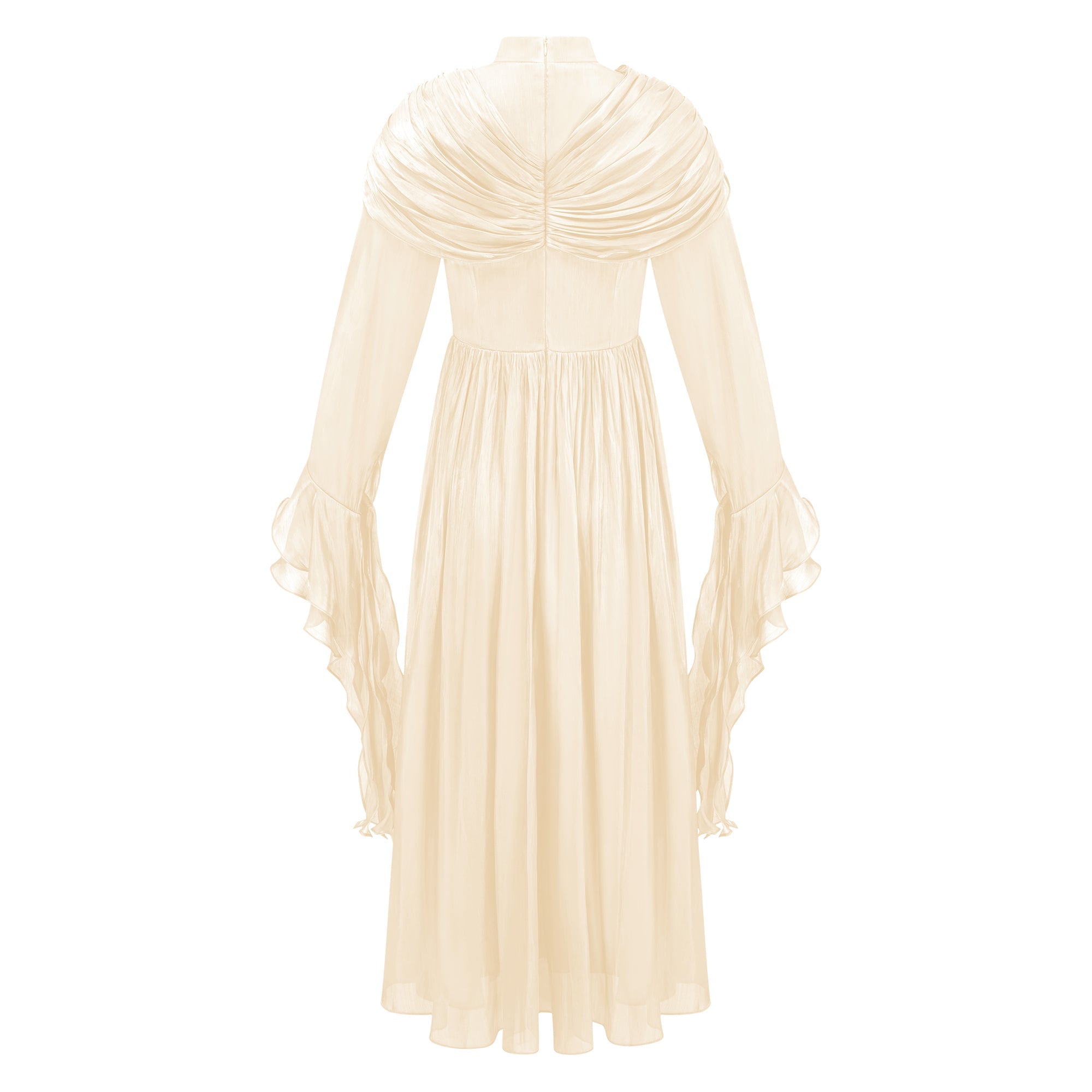 Vestido largo maxi Danuta Neutral con fruncido y pliegues, estilo elegante y fluido, en tono neutro.