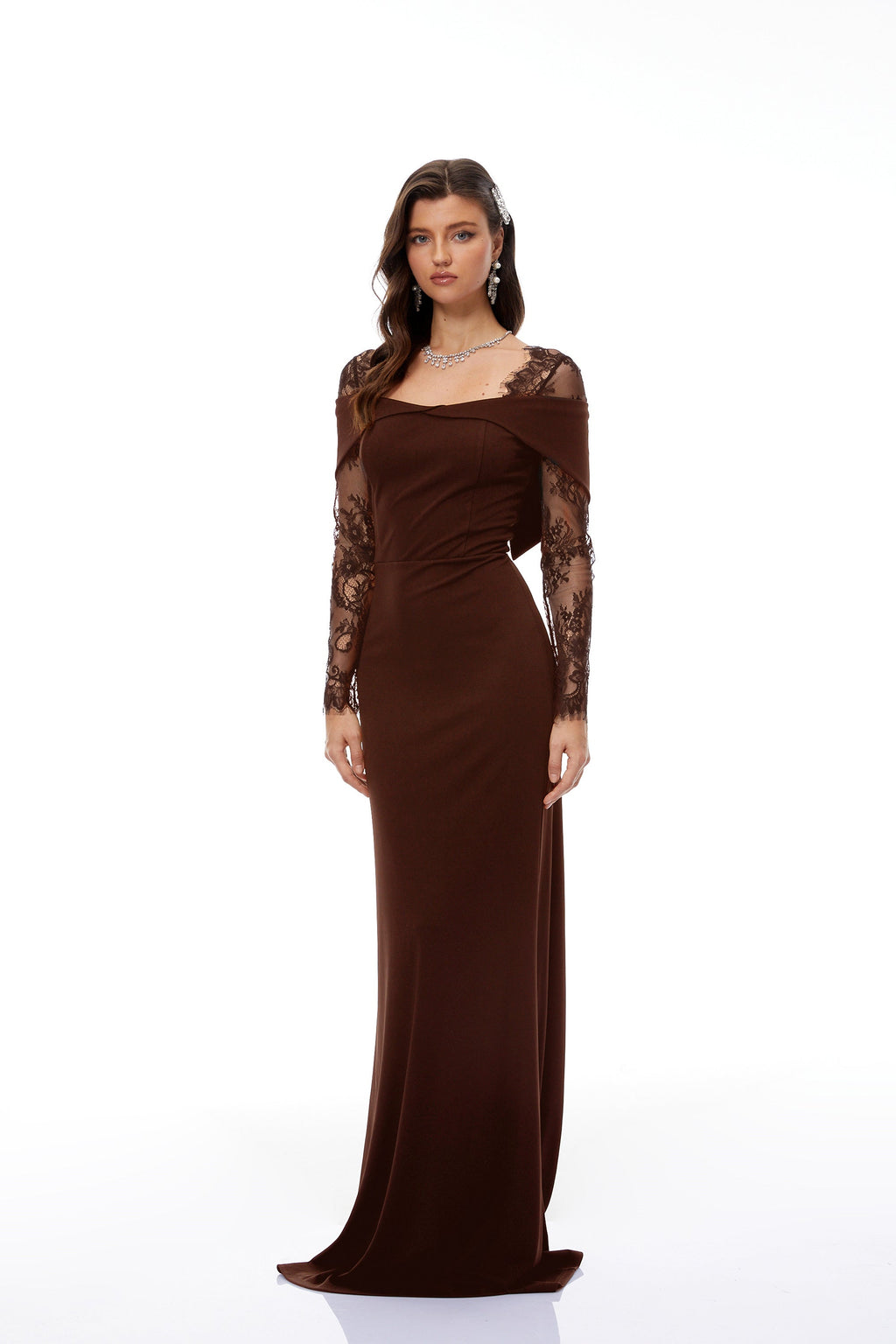 Georgiana Brown Lace Panel Flared Maxi Gown