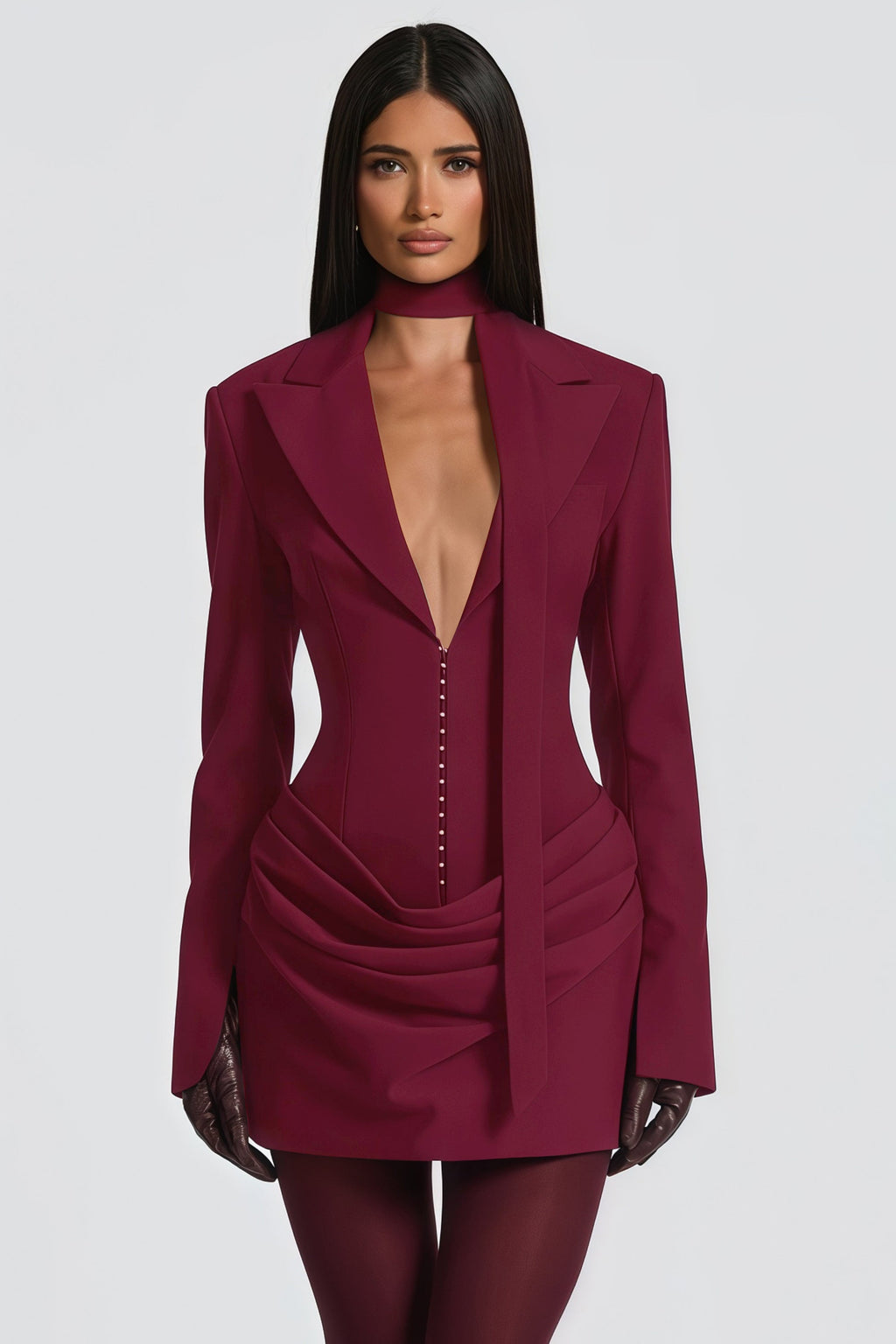 Rosette Burgundy Ruched Blazer Mini Dress (Final Sale-US Only)