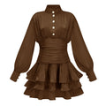 Vestido mini marrón con cuello alto y detalles de volantes de la marca Bridal, con diseño elegante y femenino.