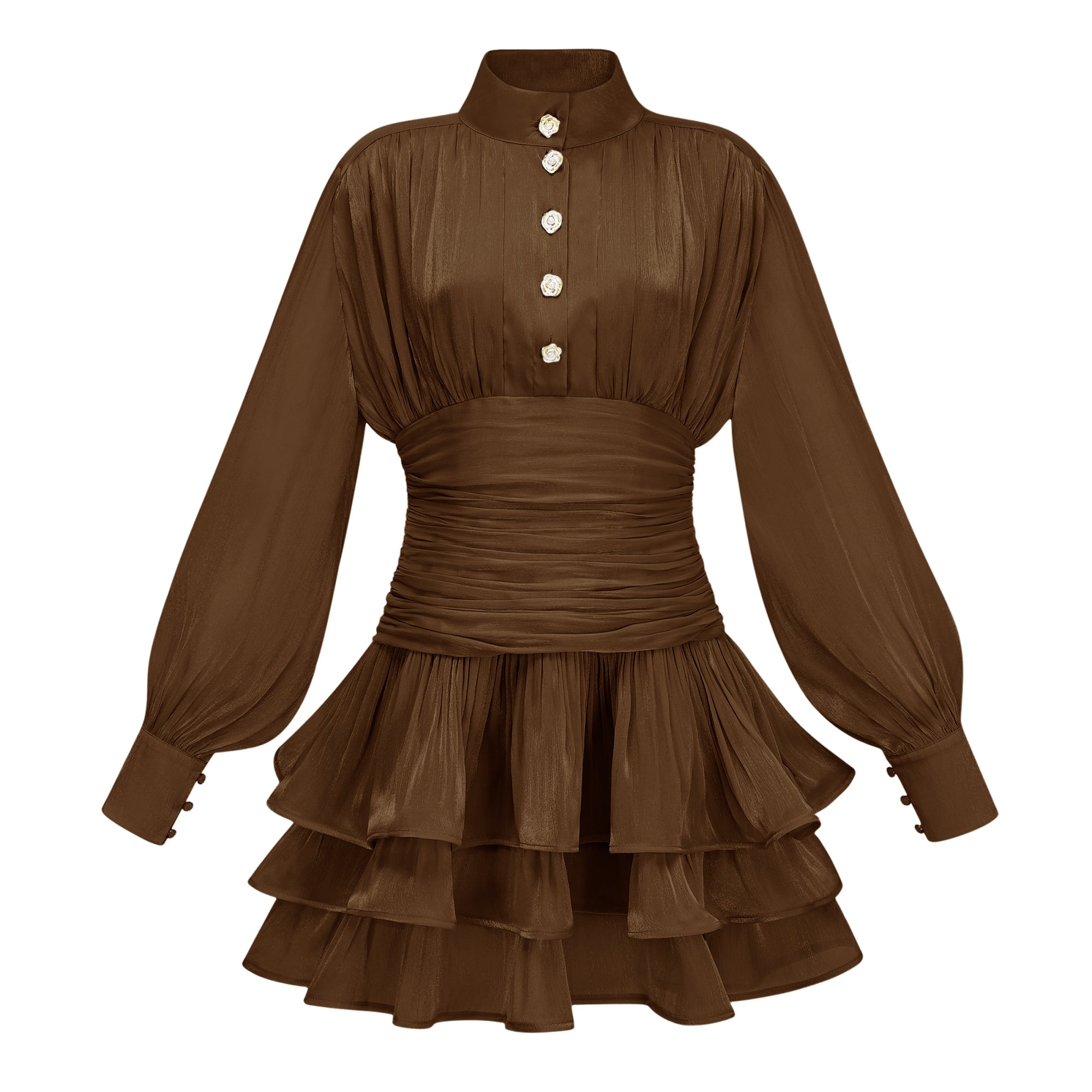 Vestido mini marrón con cuello alto y detalles de volantes de la marca Bridal, con diseño elegante y femenino.