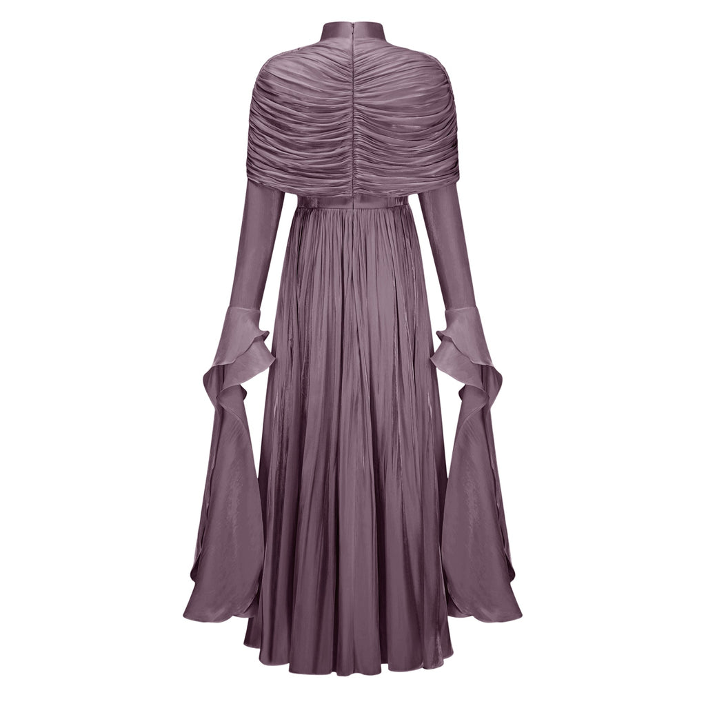 Gustave Purple Ruched Cape Ruffled Maxi Dress