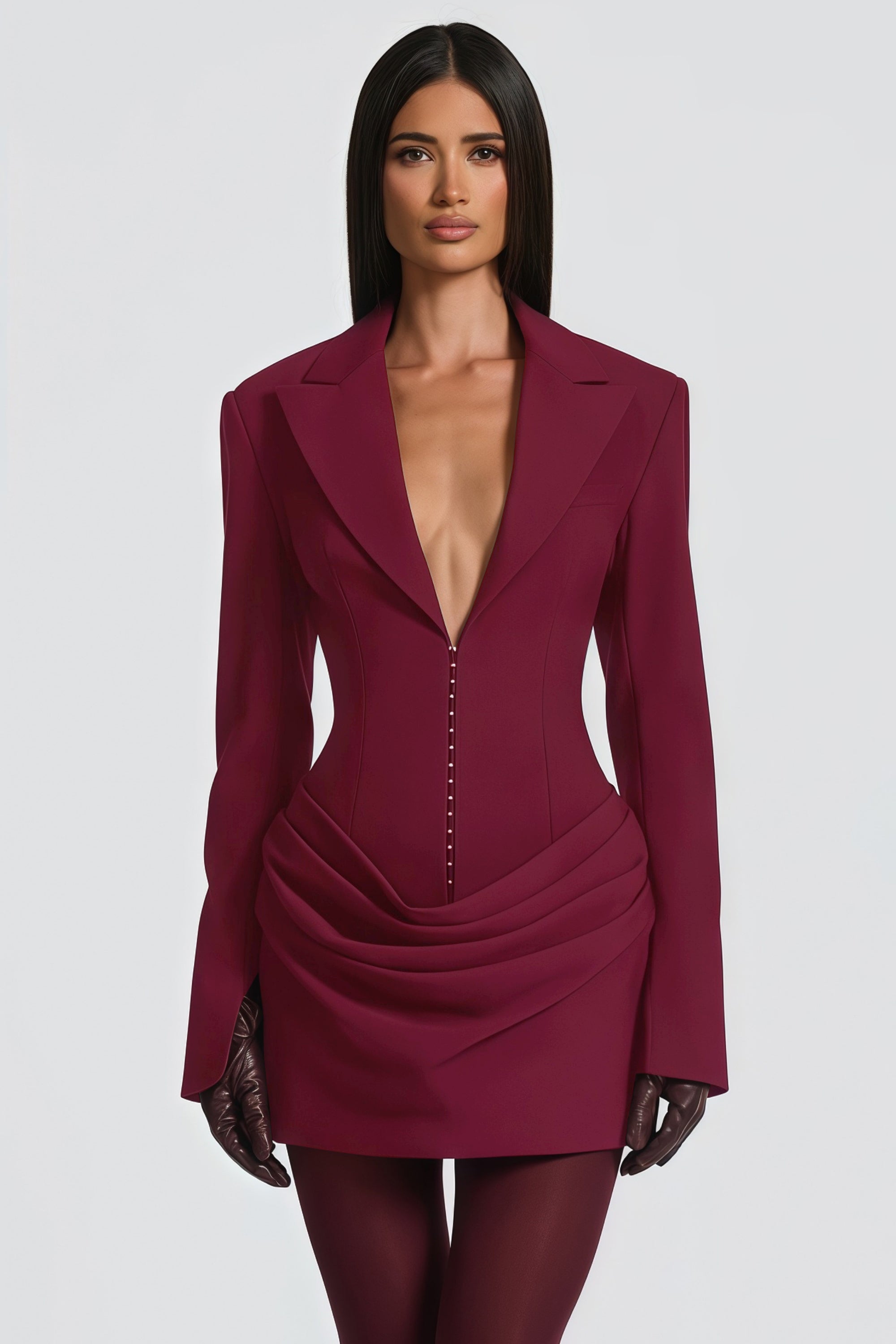 Rosette Burgundy Ruched Blazer Mini Dress (Final Sale-US Only)