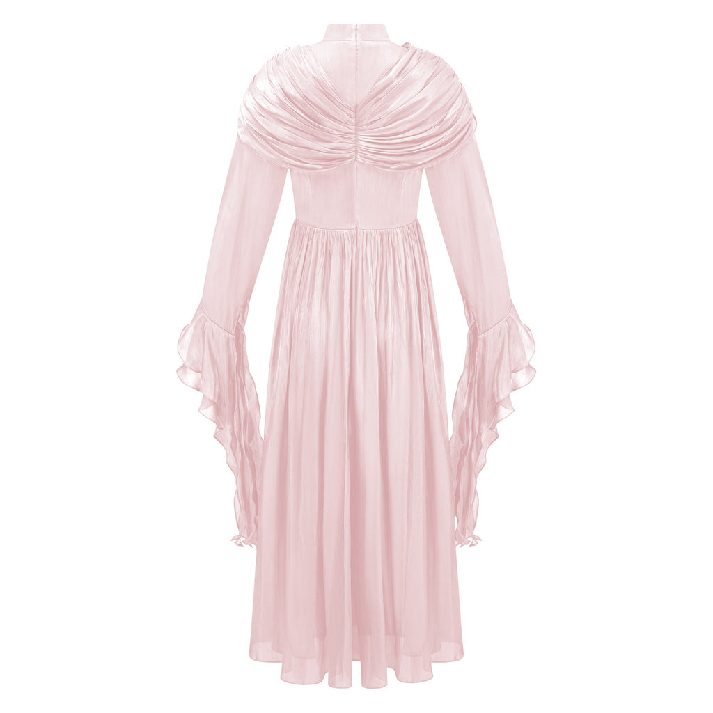 Vestido largo rosa Danuta con fruncido y pliegues, vestido maxi de moda y elegante para ocasiones especiales.