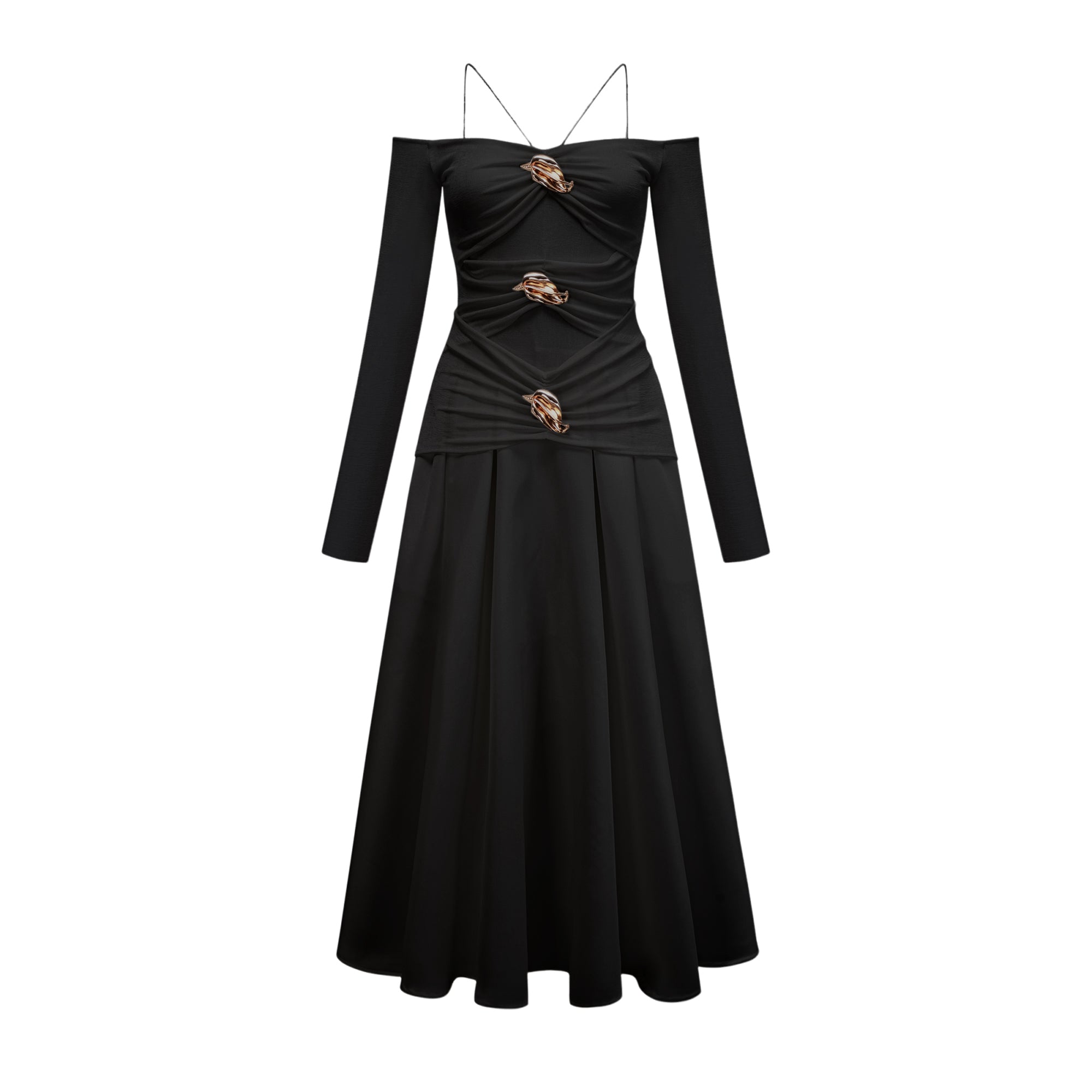 Vestido maxi negro de manga larga y hombros descubiertos de la marca Final Sale, con paneles y diseño elegante.