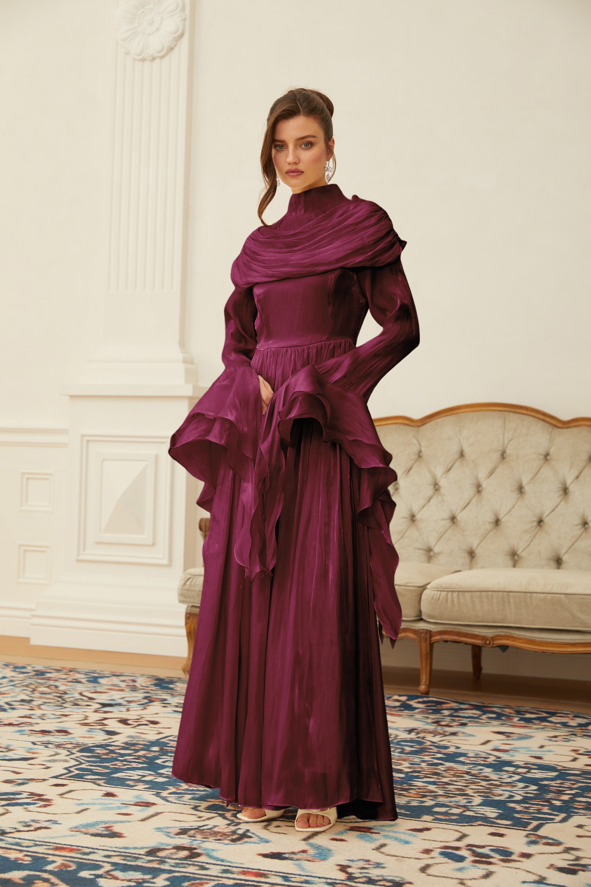 Danuta Burgundy Ruched Pleated Maxi Dress (Final Sale-US Only)