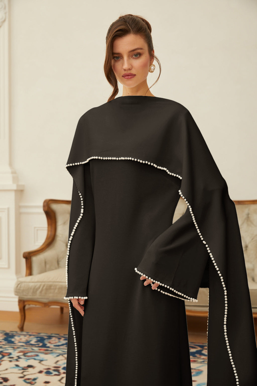 Piroska Black Pearl Trim Shawl Detail Maxi Dress (Final Sale)