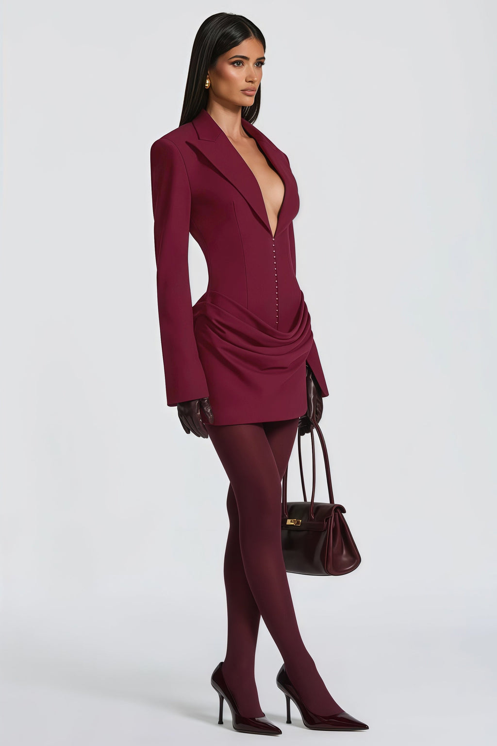 Rosette Burgundy Ruched Blazer Mini Dress (Final Sale-US Only)