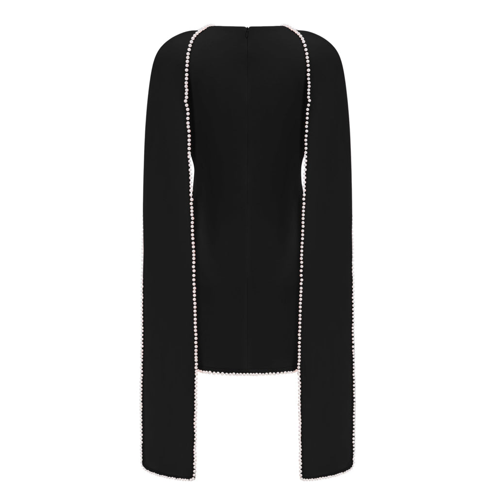 Vestido mini sin mangas de novia Piroska en negro con detalles de perlas en el escote y diseño ajustado.