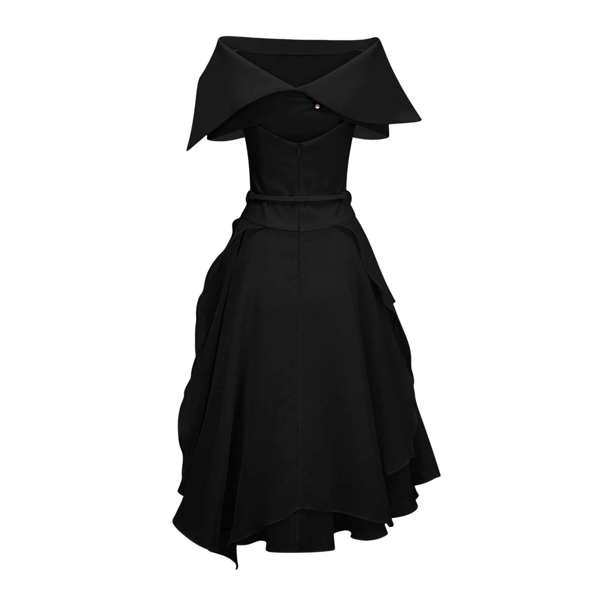 Vestido de noche asimétrico en negro con capa de tul, de la colección Aria Black de MRNewyork, con detalles elegantes y modernos.