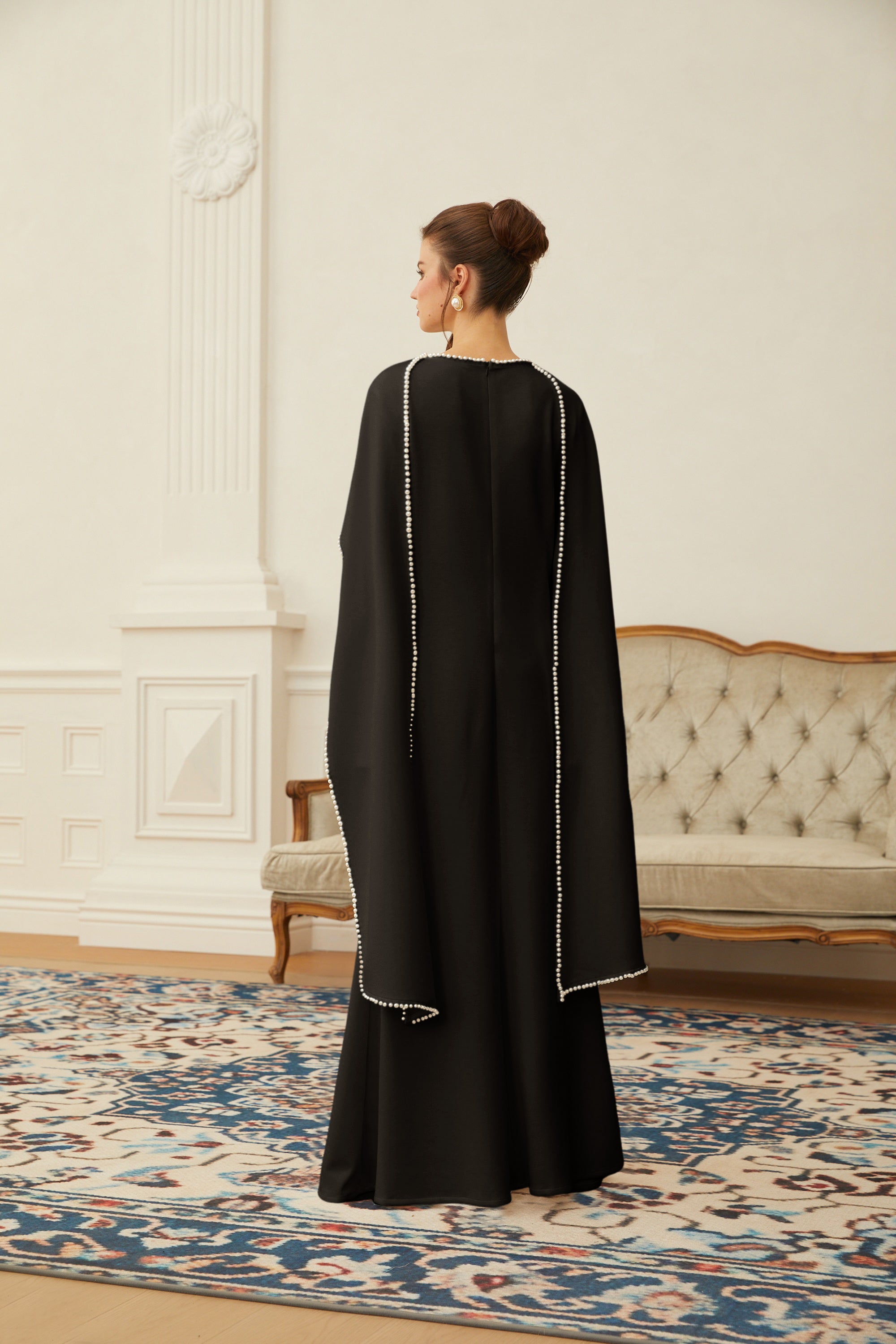 Piroska Black Pearl Trim Shawl Detail Maxi Dress (Final Sale)