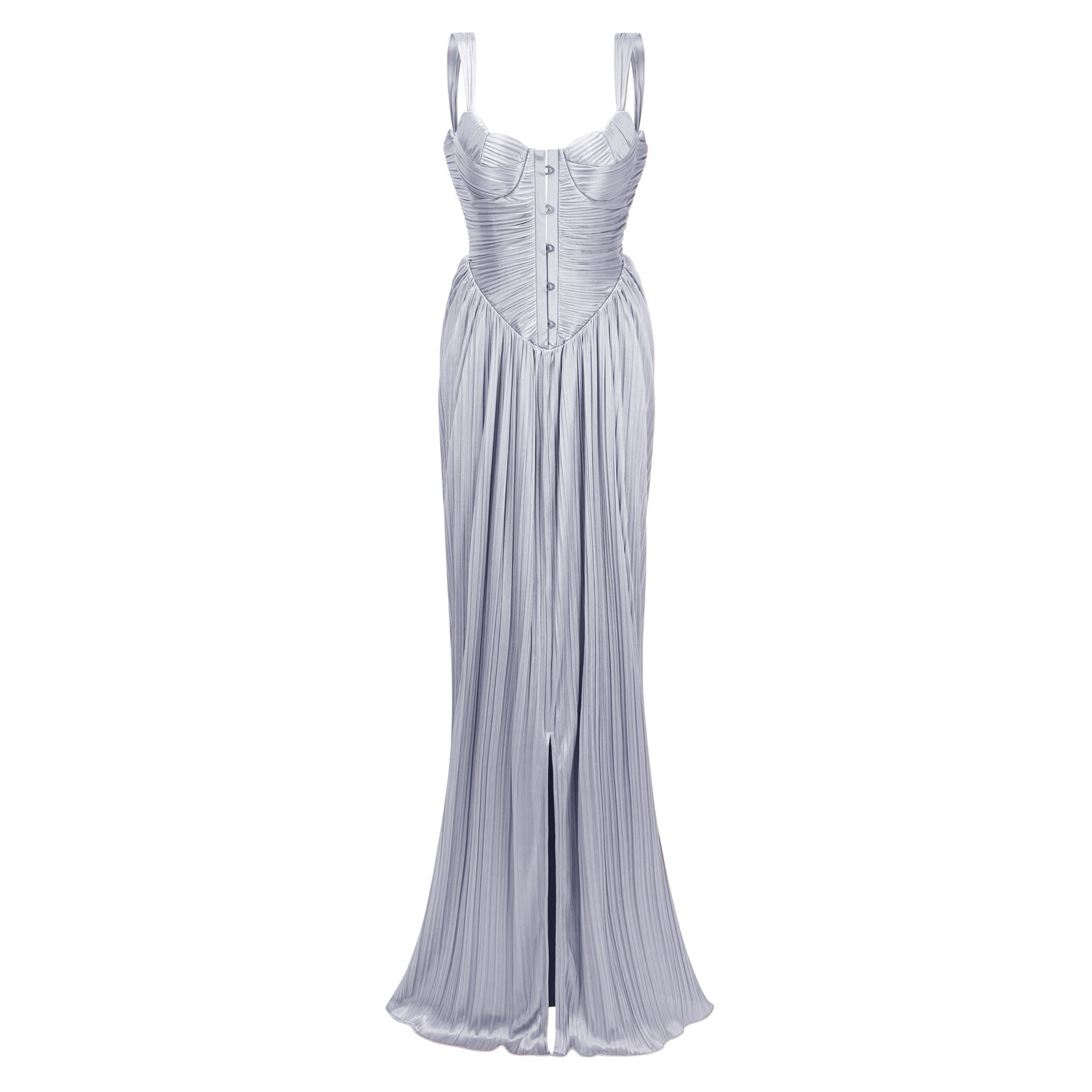 Vestido largo maxi de novia Nicoletta en satinado plateado con plisados y corsé ajustado, elegante y brillante.