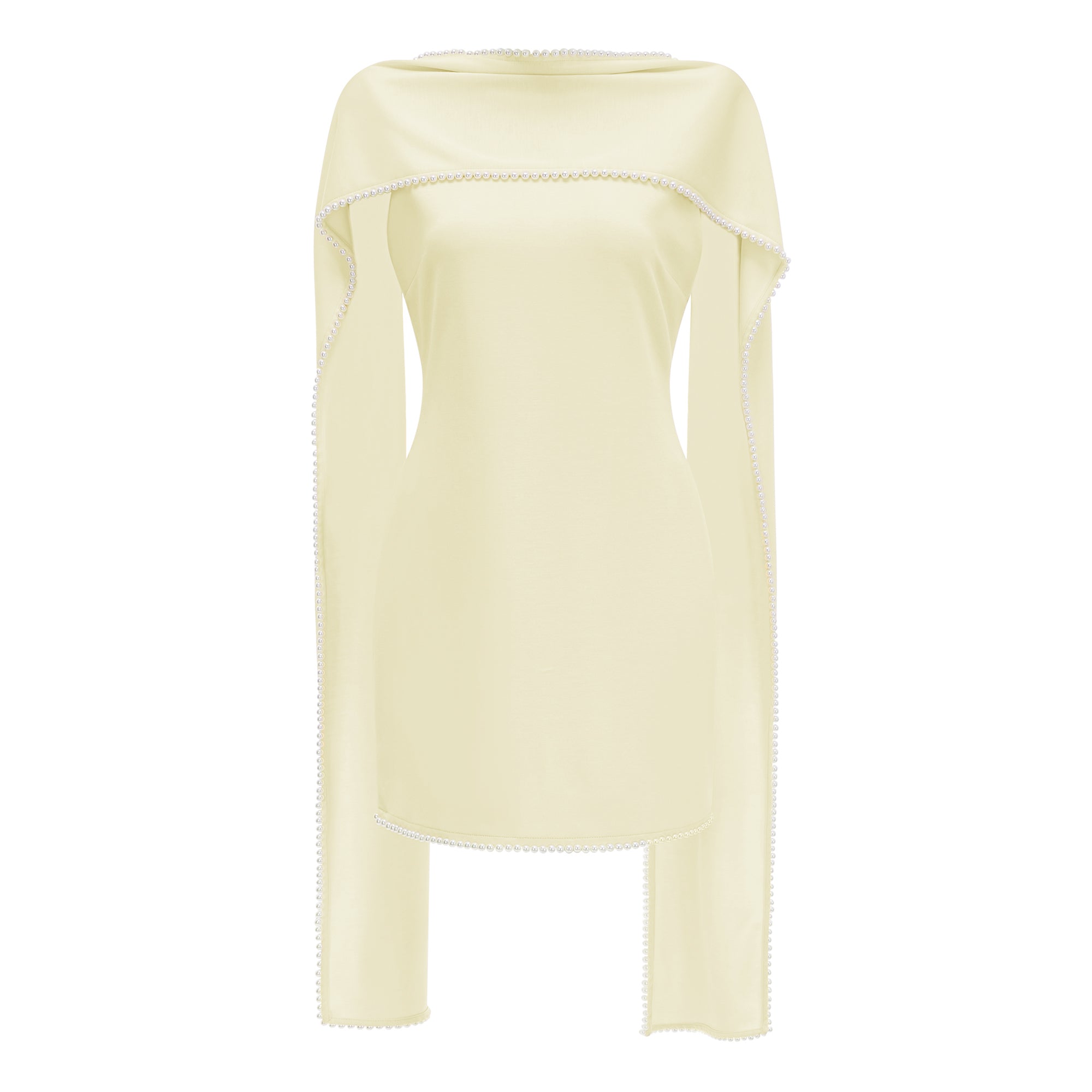 Vestido mini sin mangas en amarillo con ribete de perlas de la marca Bridal, con diseño elegante y detalles delicados.