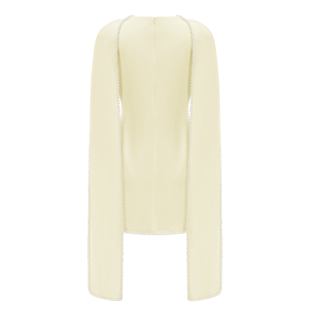 Vestido mini sin mangas amarillo Piroska con adornos de perlas de la marca Bridal, diseñado para ocasiones elegantes.