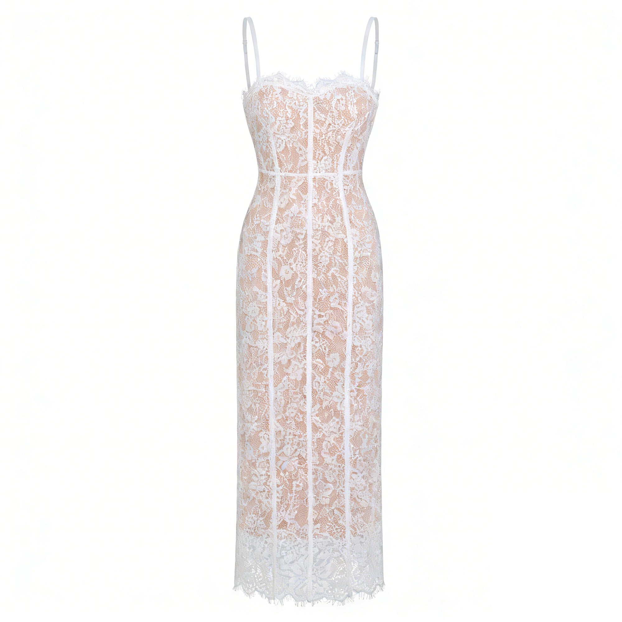 Vestido largo de novia blanco con corsé de encaje floral y diseño maxi, elegante y femenino.