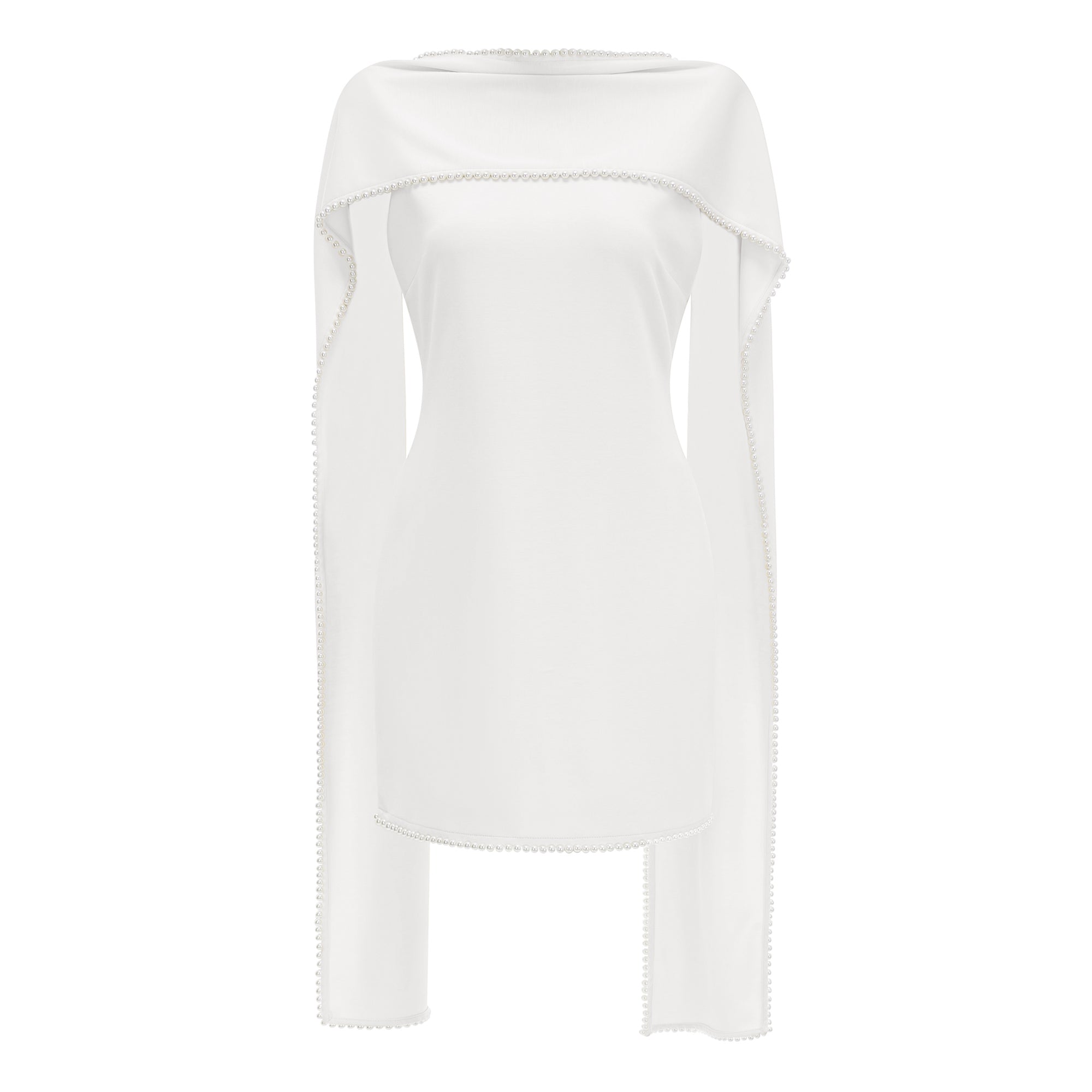 Vestido mini sin mangas de novia Piroska blanco con ribete de perlas, diseño elegante y ajustado para ocasiones especiales.