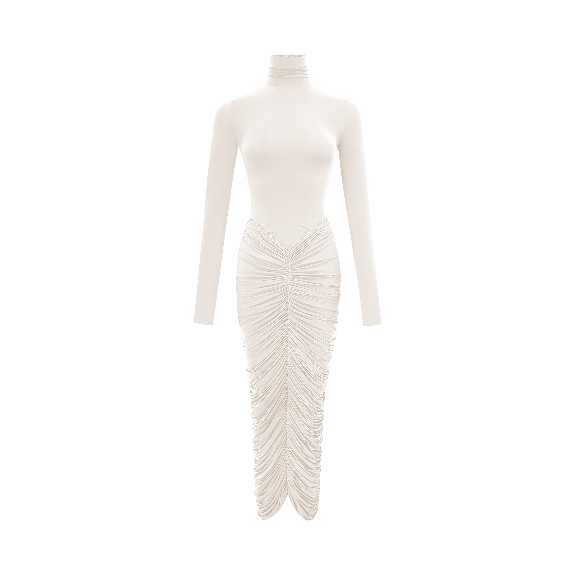 Vestido midi ajustado y fruncido en blanco de Charitina, diseño elegante y ceñido al cuerpo, para ocasiones especiales.