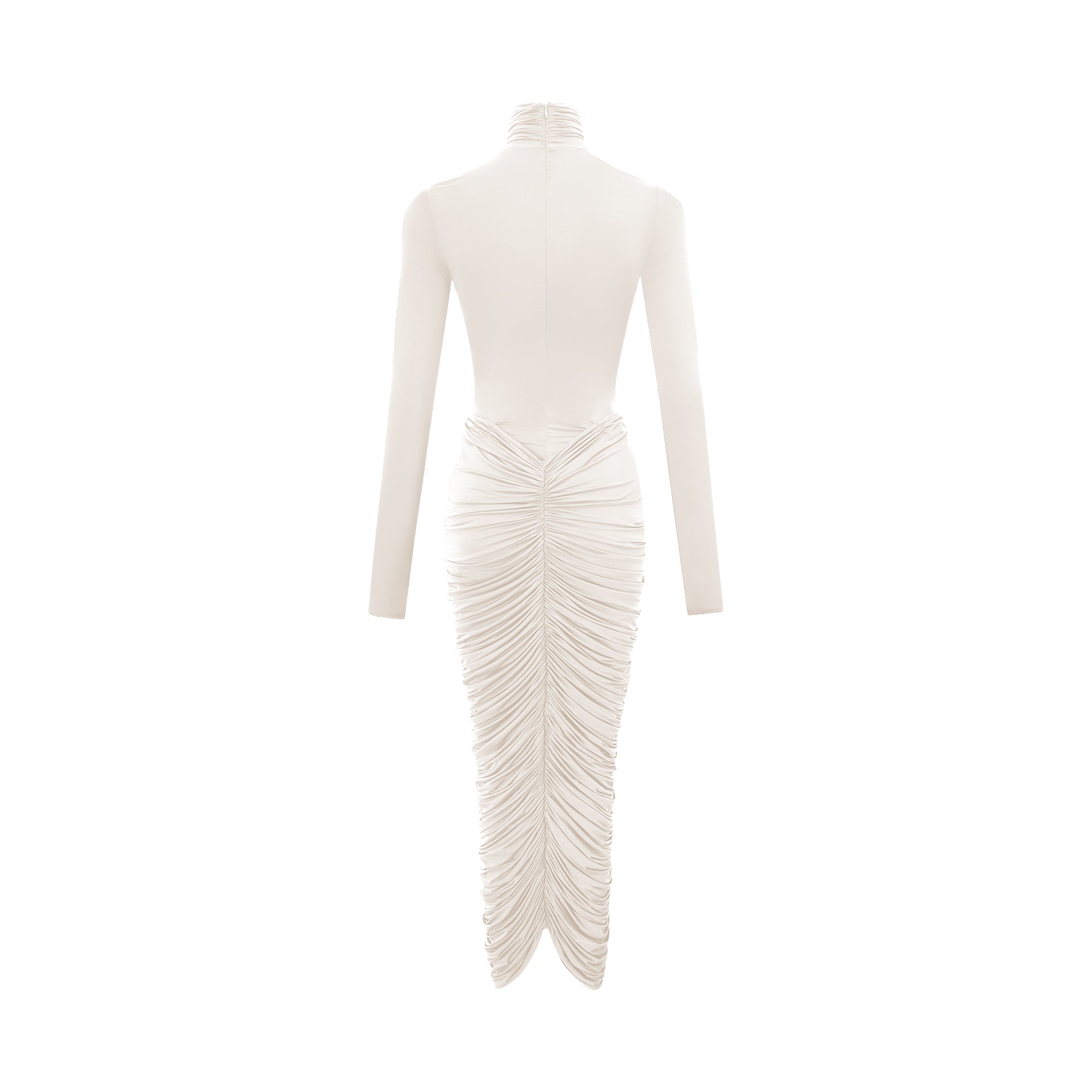 Vestido midi ajustado y fruncido en blanco de Charitina, diseño elegante y ceñido al cuerpo, ideal para ocasiones especiales.