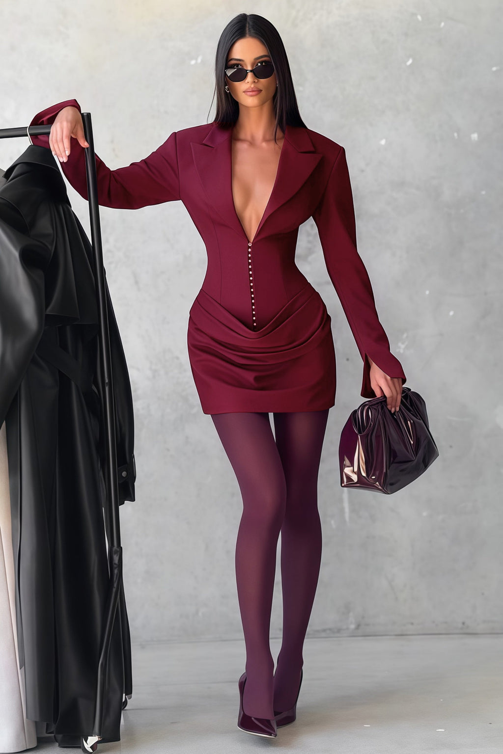 Rosette Burgundy Ruched Blazer Mini Dress (Final Sale-US Only)