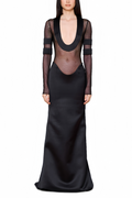 Vestido largo Panagiota con paneles de malla negra de marca Final Sale, con diseño elegante y detalles sofisticados.