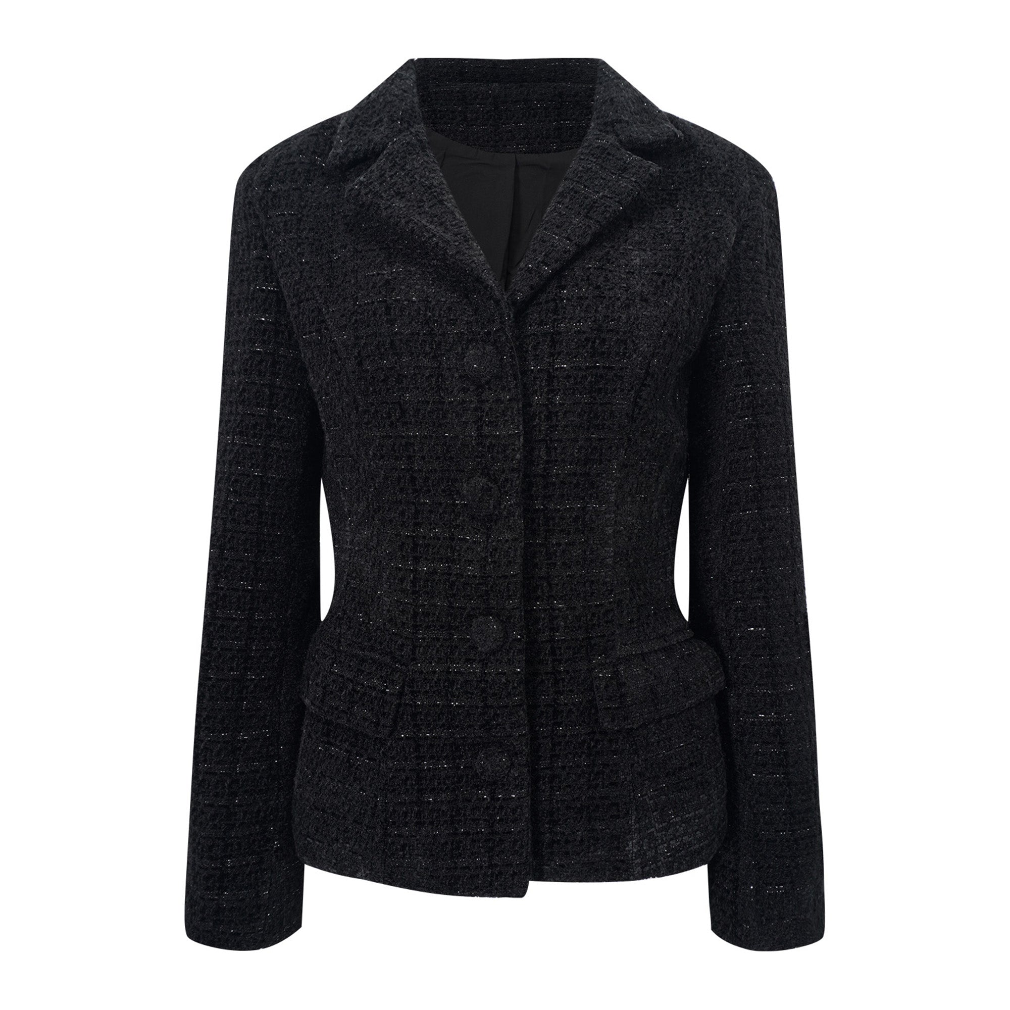 Conjunto de chaqueta de tweed negra Ariadna y falda de satén, conjunto elegante para mujer, en color negro y estilo sofisticado.