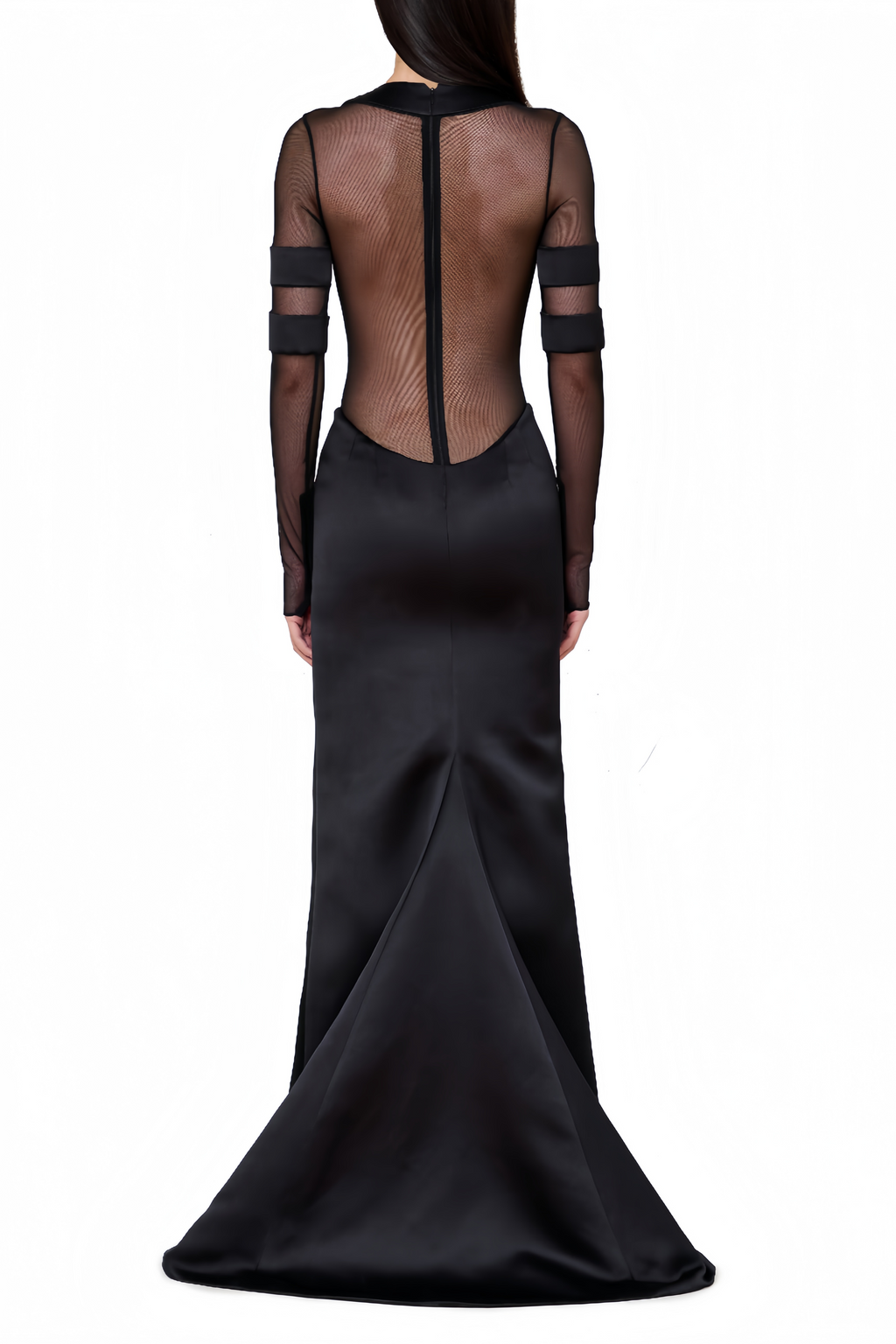 Vestido largo Panagiota con paneles de malla negra, estilo elegante y moderno, de la marca Final Sale.