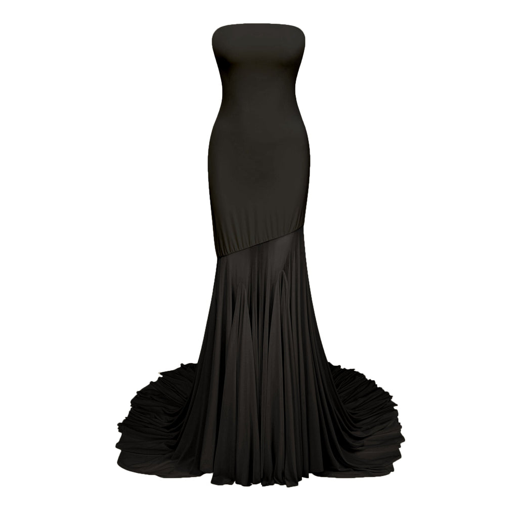 Vestido largo de tul negro con hombros al descubierto de la marca Final Sale, diseño transparente y elegante para ocasiones especiales.