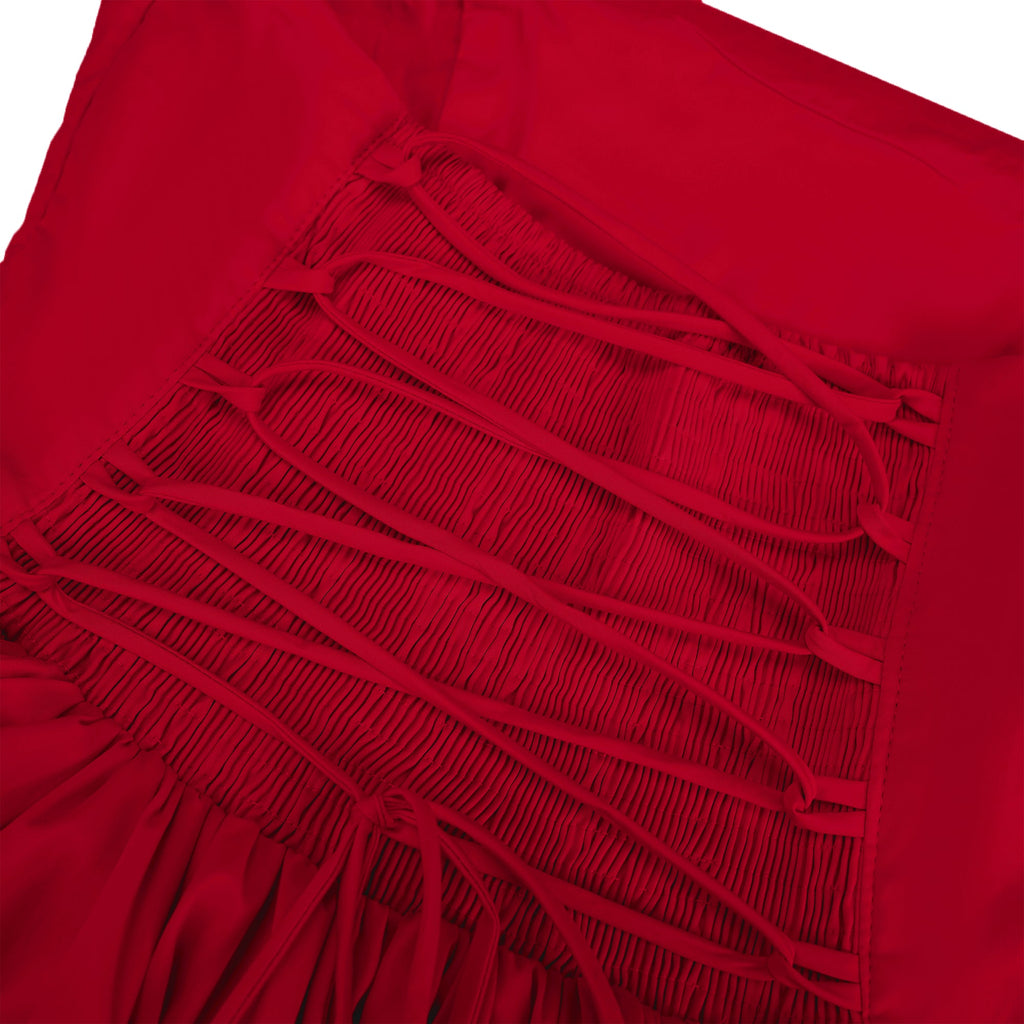 Vestido midi rojo Eponine con dobladillo acampanado en capas, estilo elegante y moderno para ocasiones especiales.