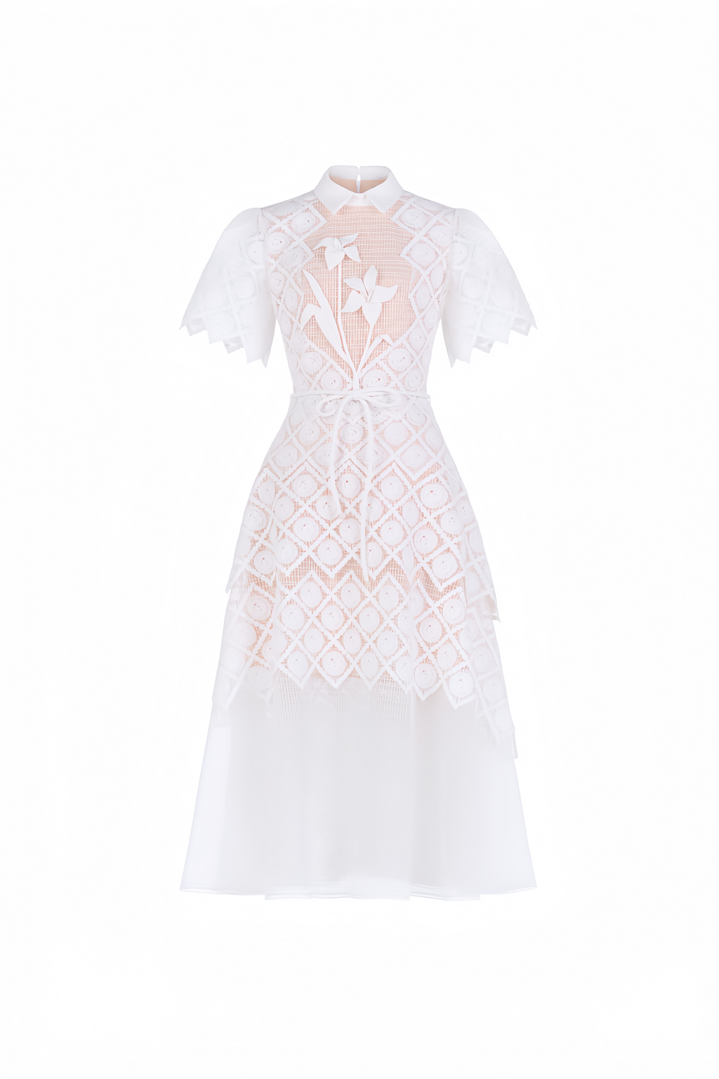 Vestido midi de encaje floral blanco Yasmine de MRNewyork, con detalles delicados y corte elegante.