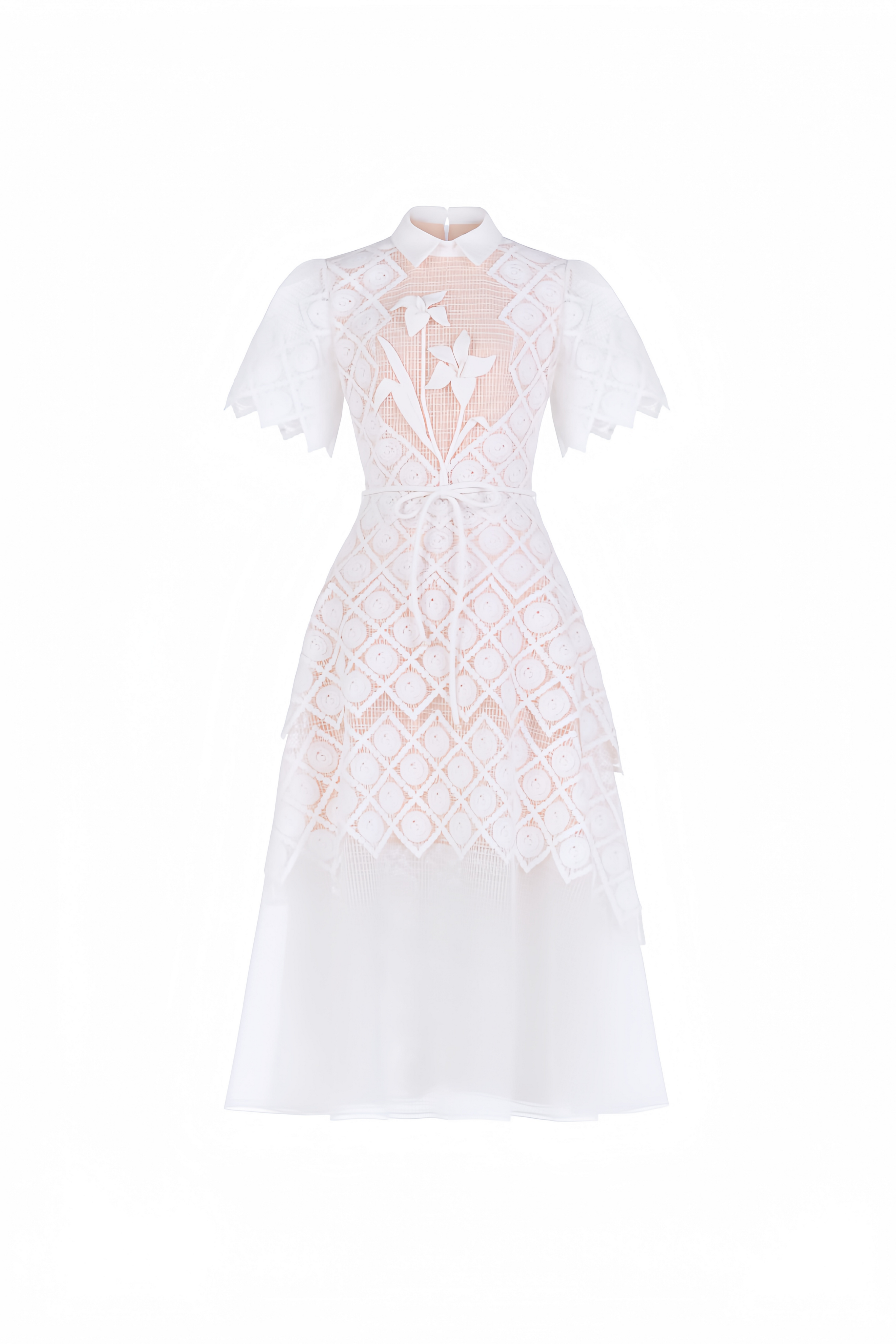 Vestido midi de encaje floral blanco Yasmine de MRNewyork, con detalles delicados y corte elegante.