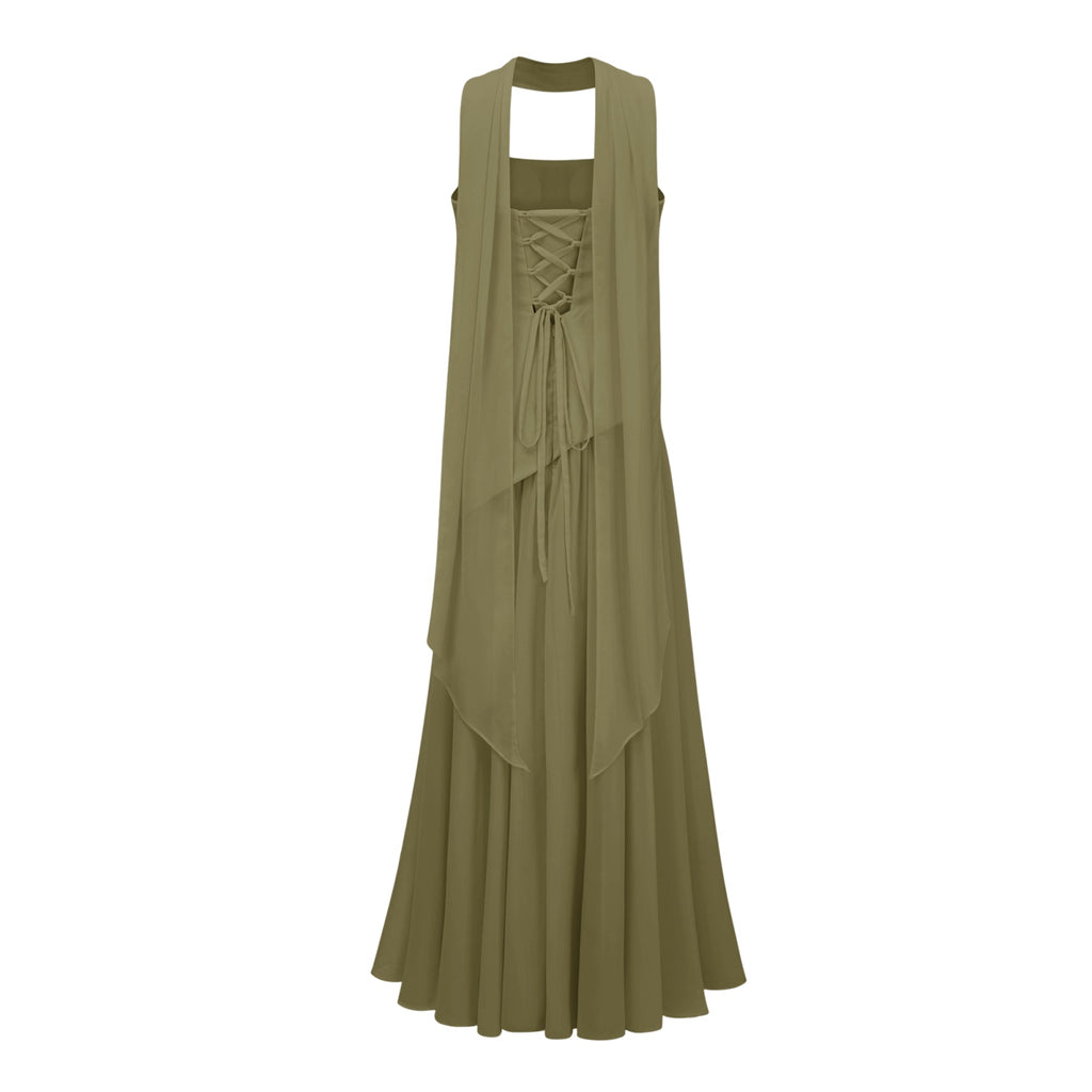 Vestido maxi sin tirantes en color verde romane, de tela de chiffon, estilo corset y largo elegante para ocasiones especiales