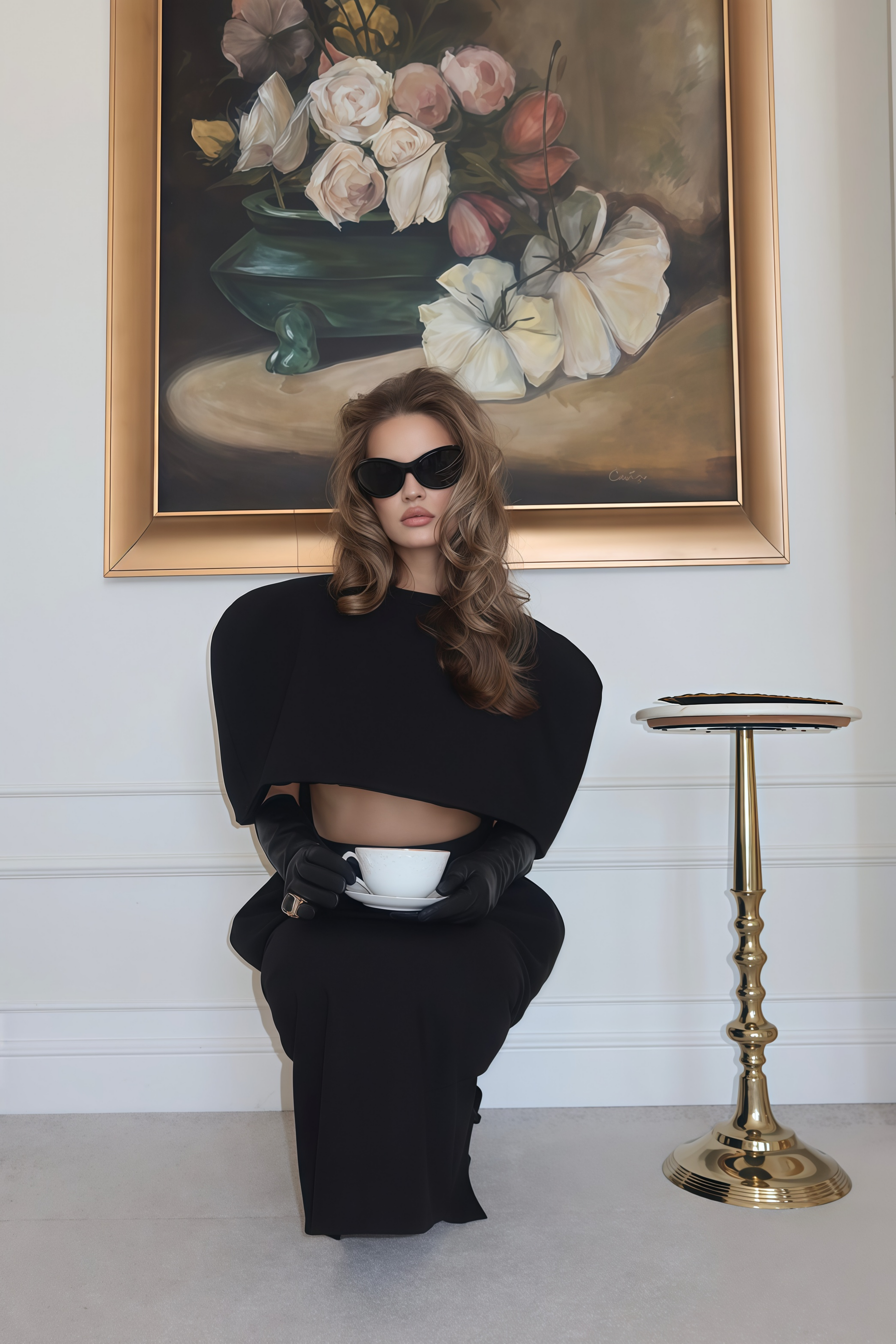 Conjunto de capa estructurada negra Shiva de MRNewyork con falda asimétrica y diseño elegante en la imagen.