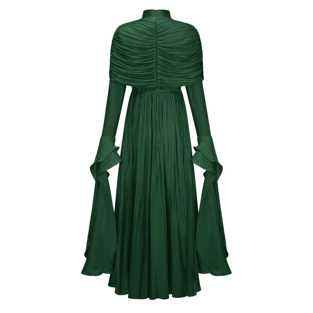 Gustave Green Ruched Cape Ruffled Maxi Dress