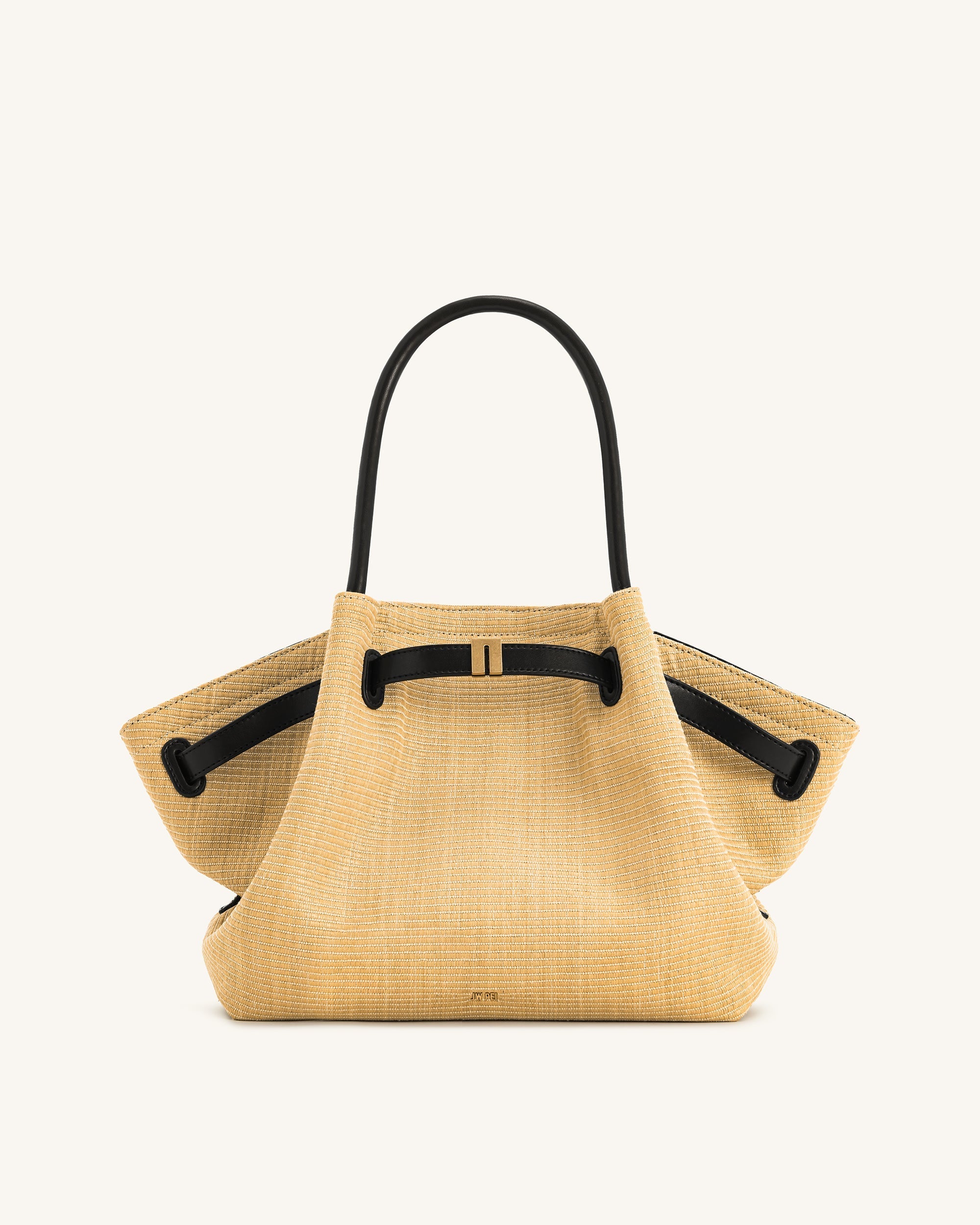 Bolso tote mediano JW PEI Hana JH306B04 de color neutro, con asas cortas y diseño elegante, en primer plano.